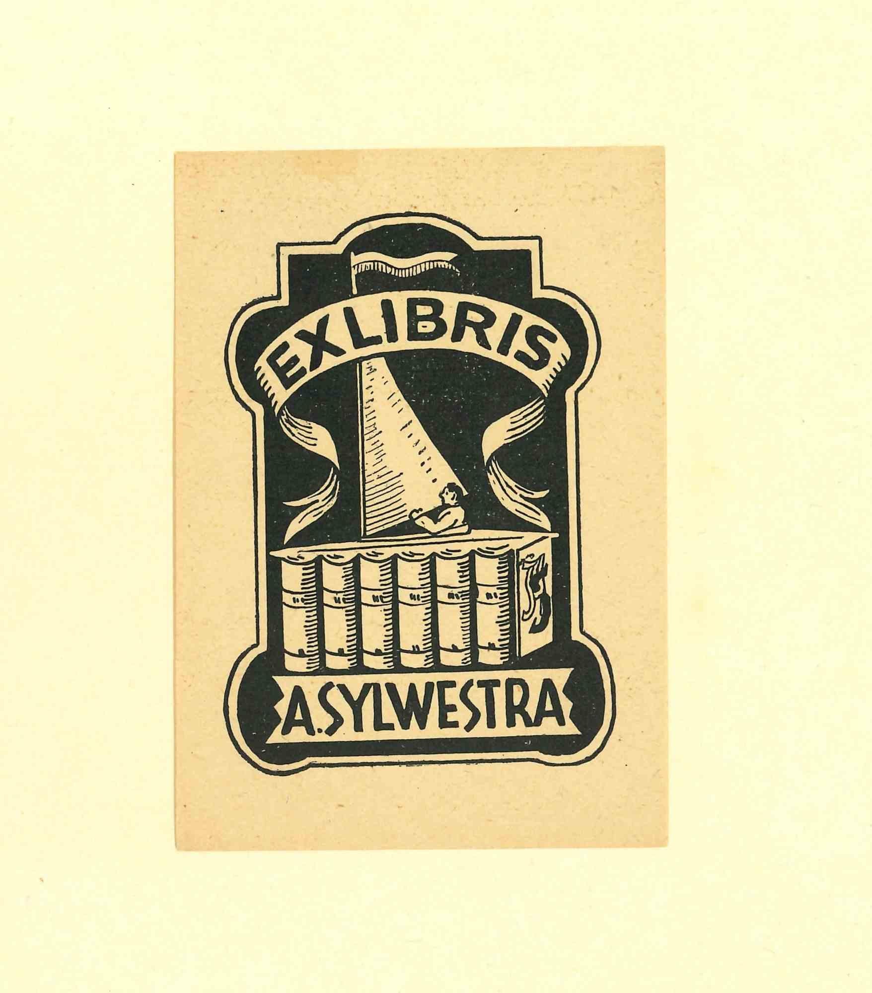 Unknown Figurative Print - Ex Libris Sylwestra - Original Woodcut - Mid-20th Century