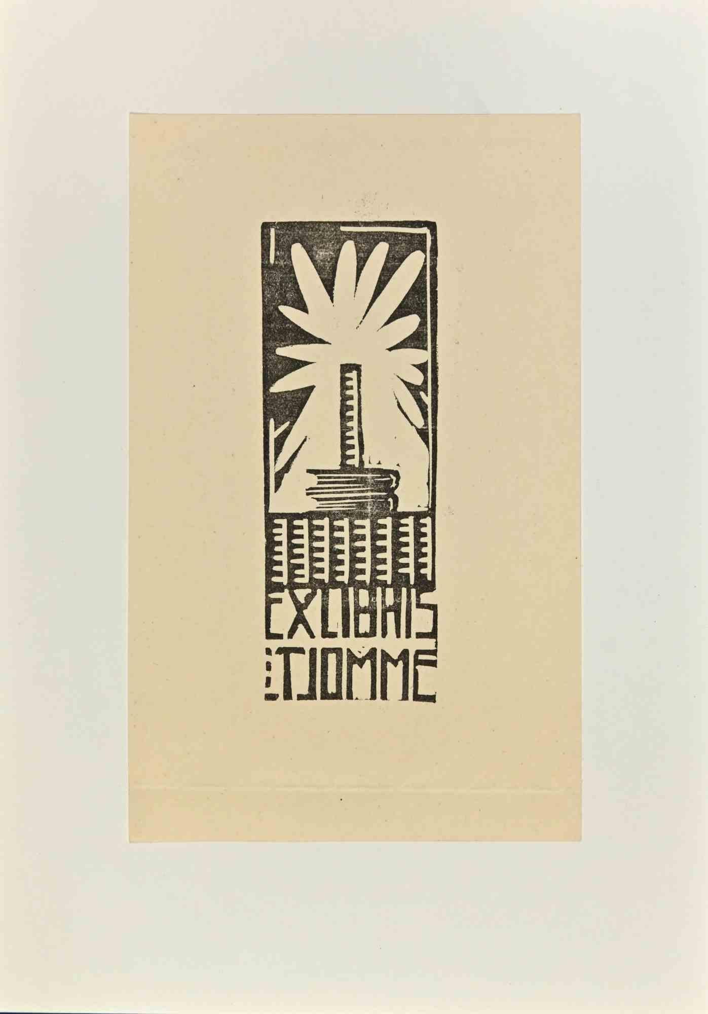 Unknown Figurative Print – Ex-Libris – T Jomme – Holzschnitt – Mitte des 20. Jahrhunderts