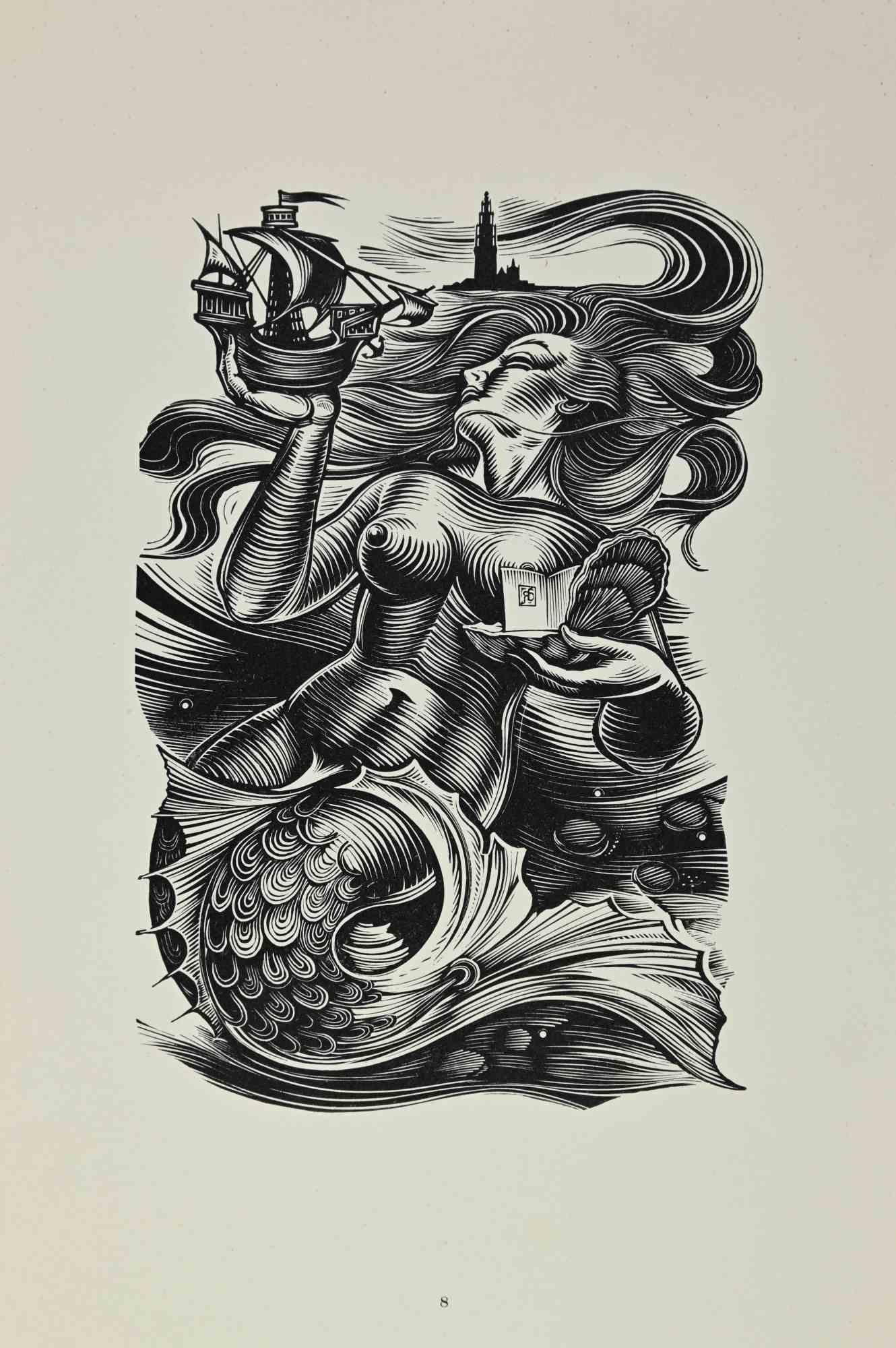Unknown Figurative Print - Ex Libris - The Mermaid - Woodcut - Mid 20th Century