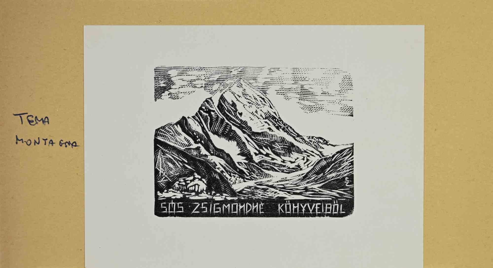 Unknown Figurative Print - Ex Libris - The Mountain - woodcut - Mid 20th Century