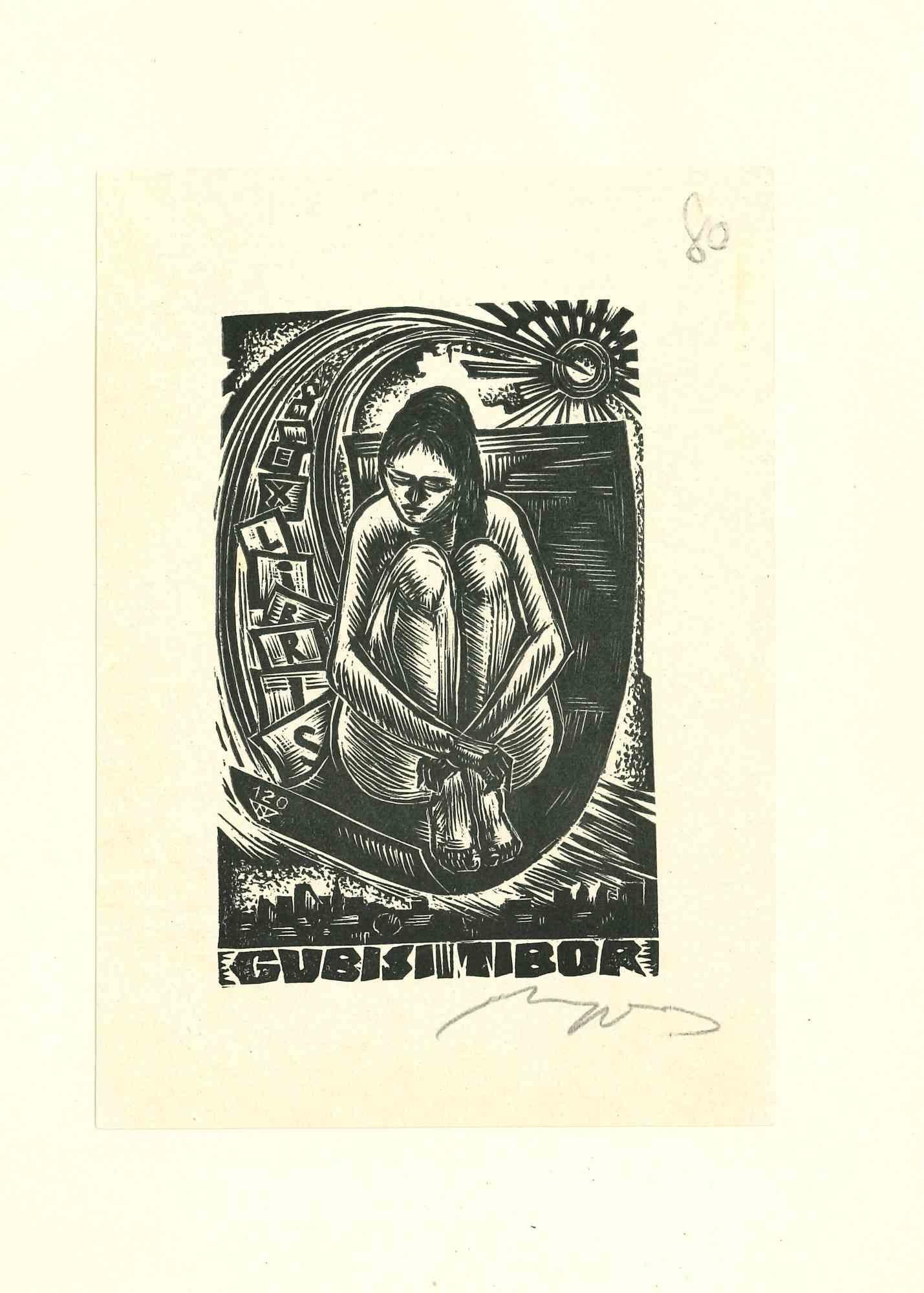 Unknown Nude Print – Libris Tibor Gubisi – Original-Holzschnitt – 1930