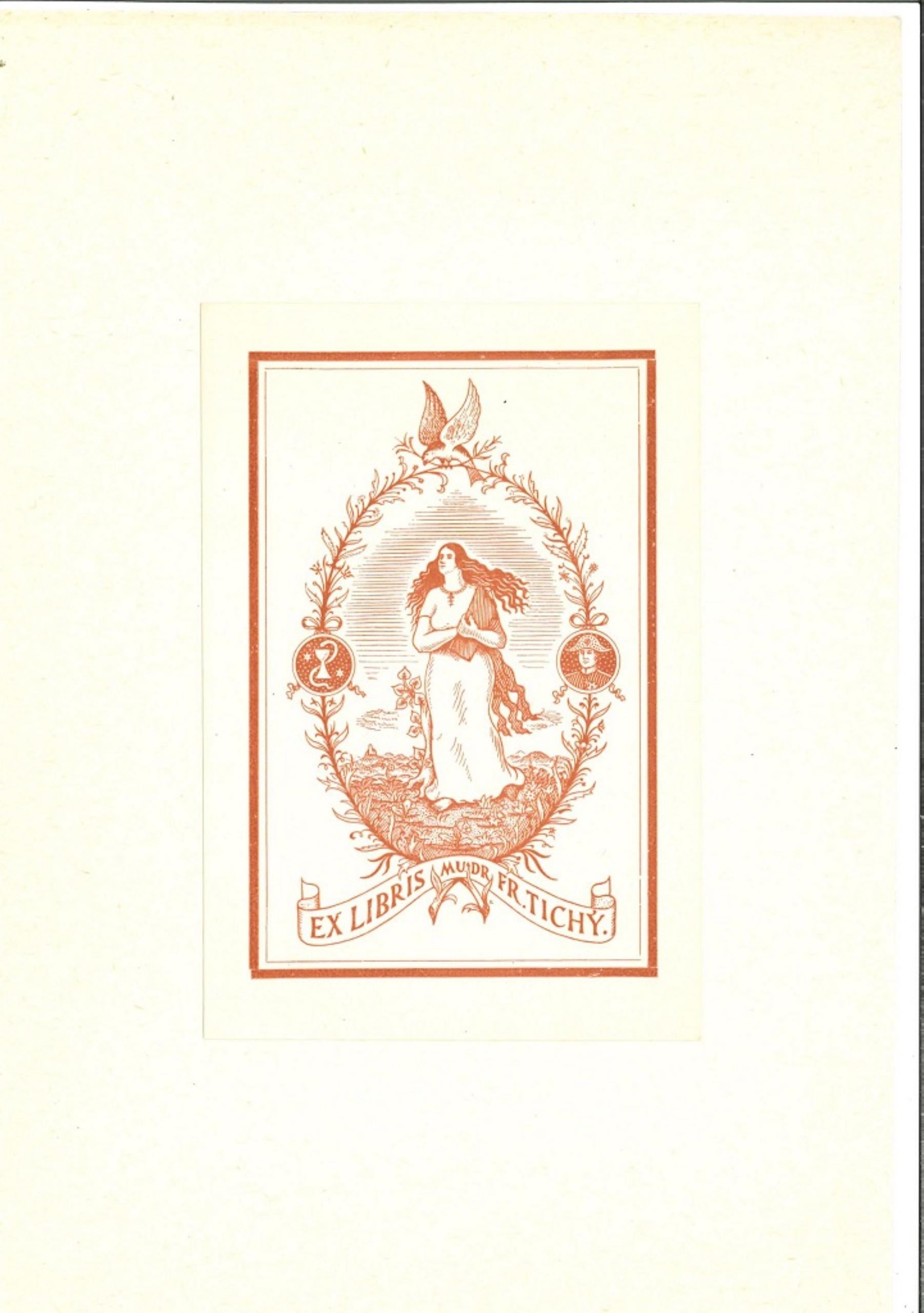 Unknown Figurative Print - Ex Libris Tichy - Original Woodcut - Mid-20th Century