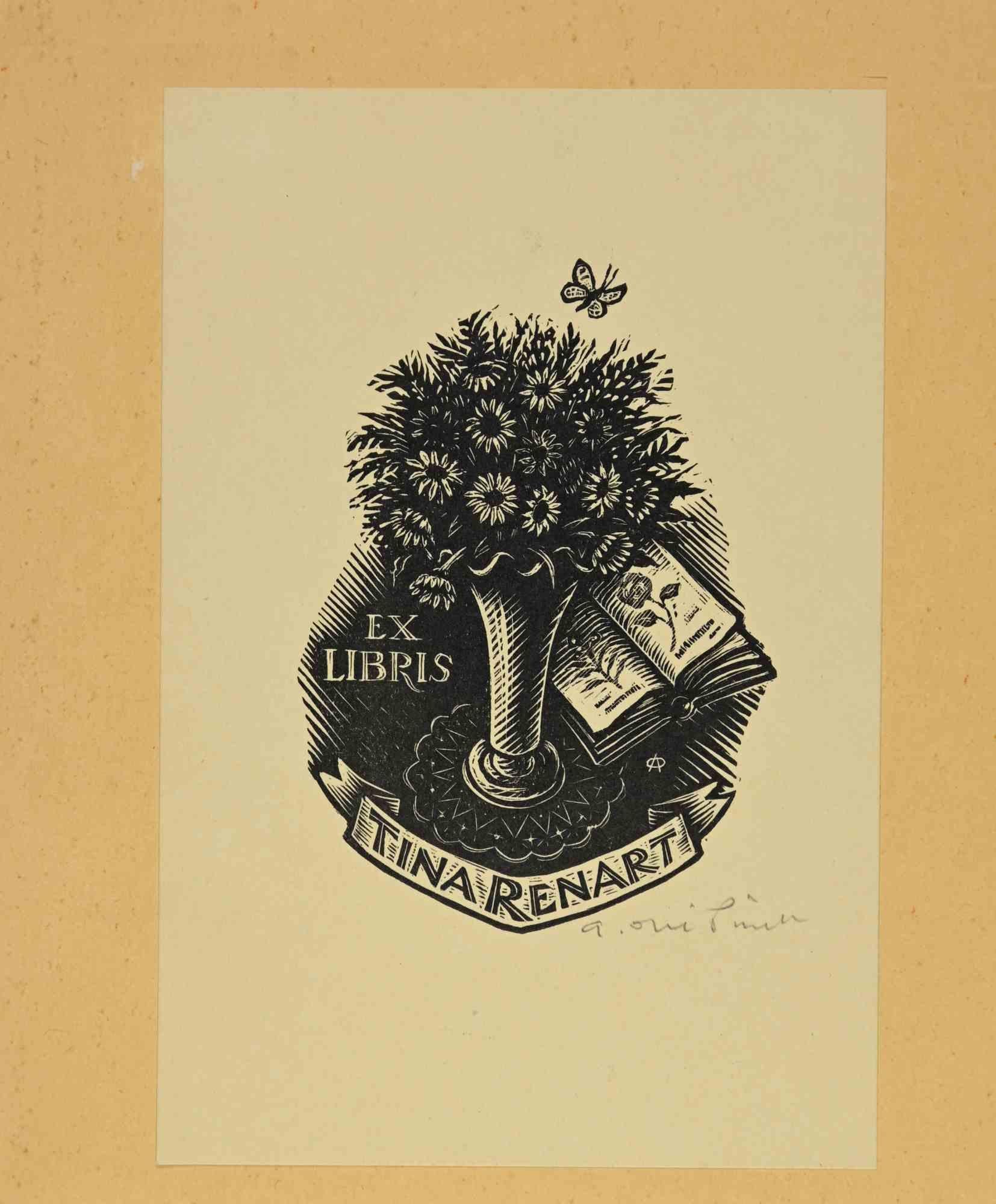 Unknown Figurative Print - Ex Libris - Tina Renart - Woodcut - Mid 20th Century