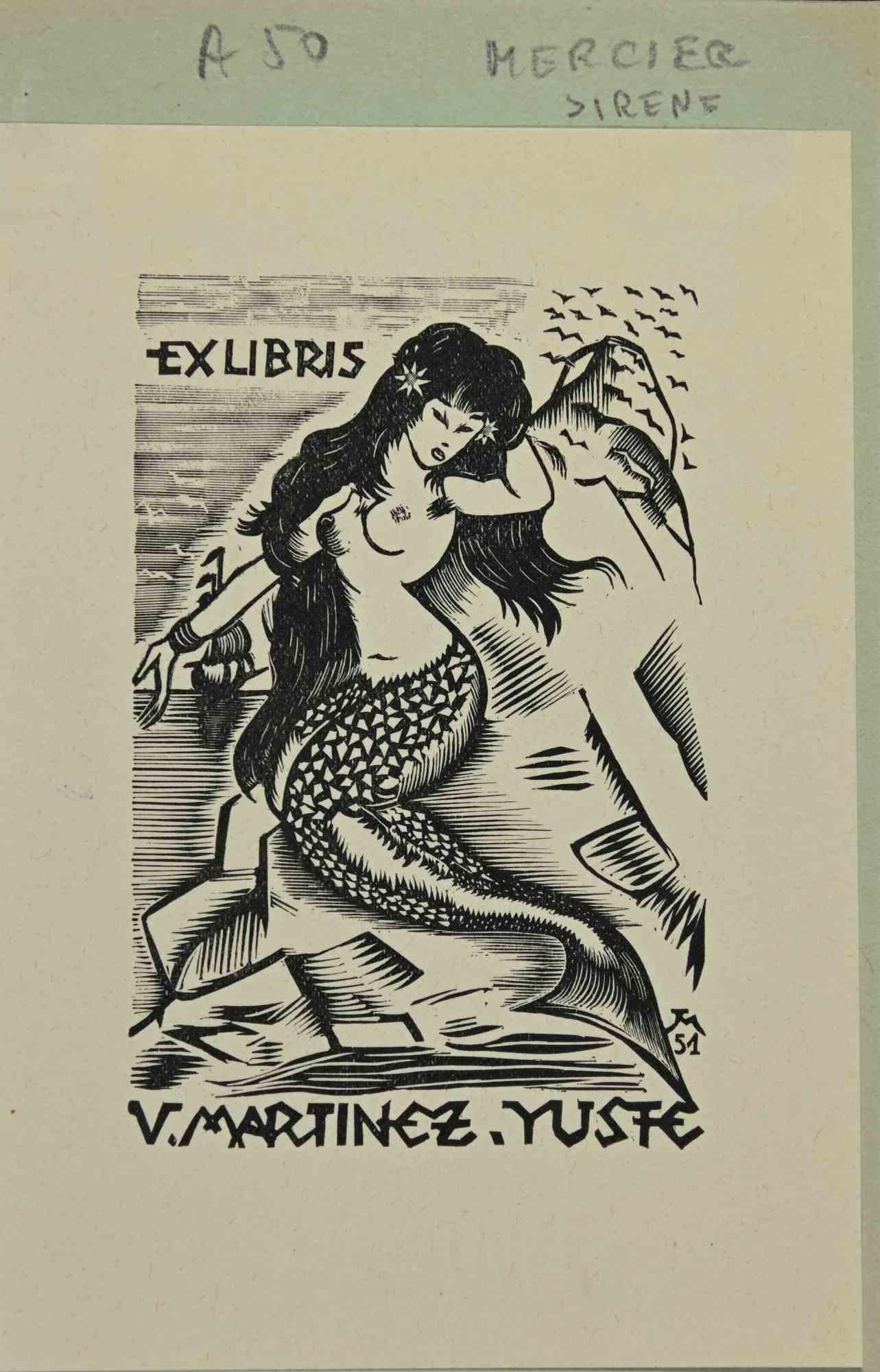 Unknown Figurative Print - Ex Libris - V. Martinez Yuste - Woodcut by Jocelyn Mercier - 1951