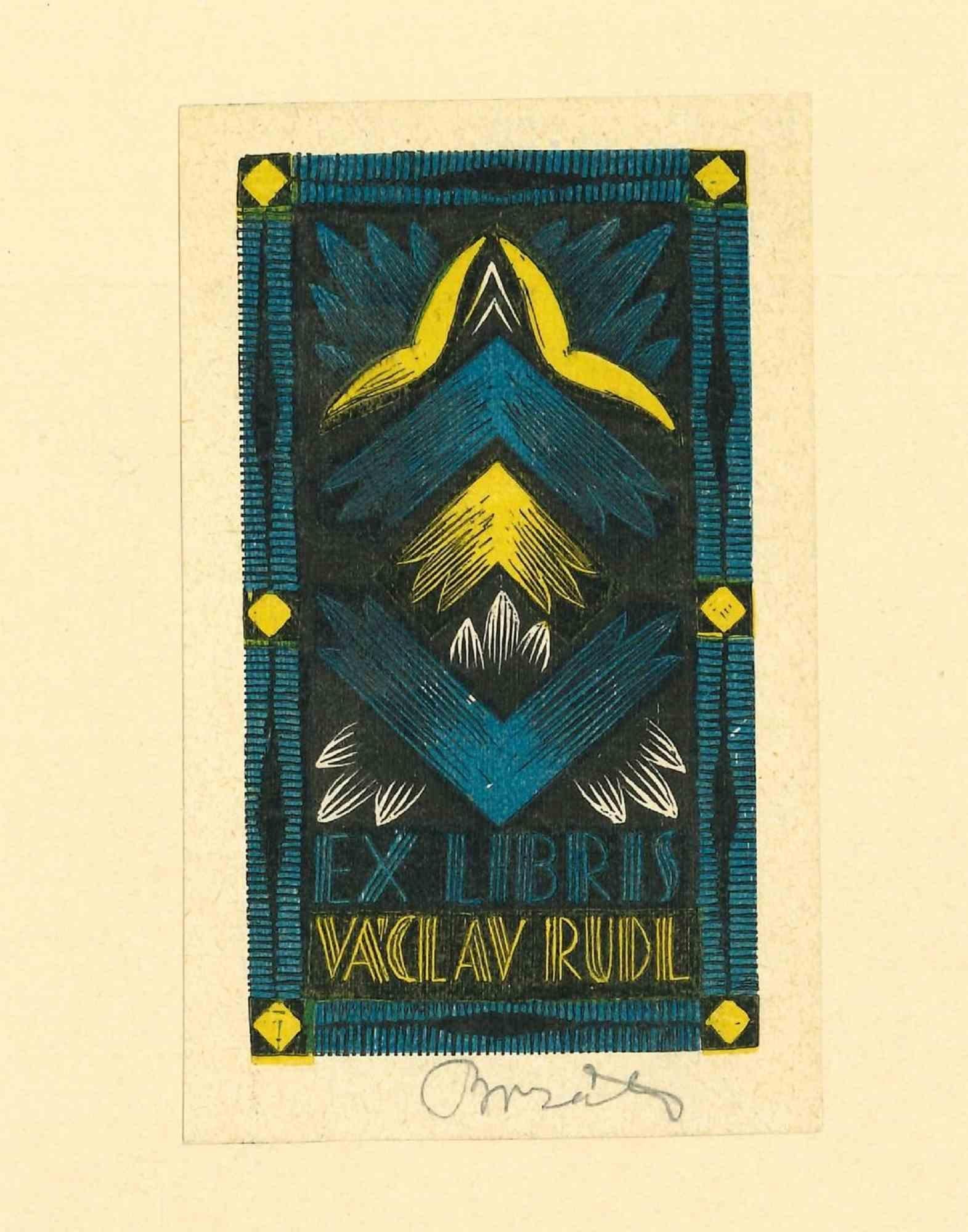 Unknown Abstract Print - Ex Libris Vaclav Rudl - Original Woodcut - Mid-20th Century