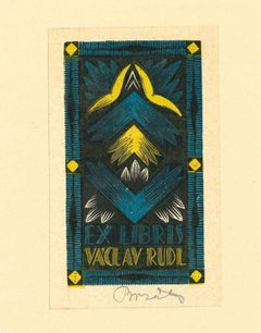 Ex Libris Vaclav Rudl - gravure sur bois originale - milieu du 20e siècle