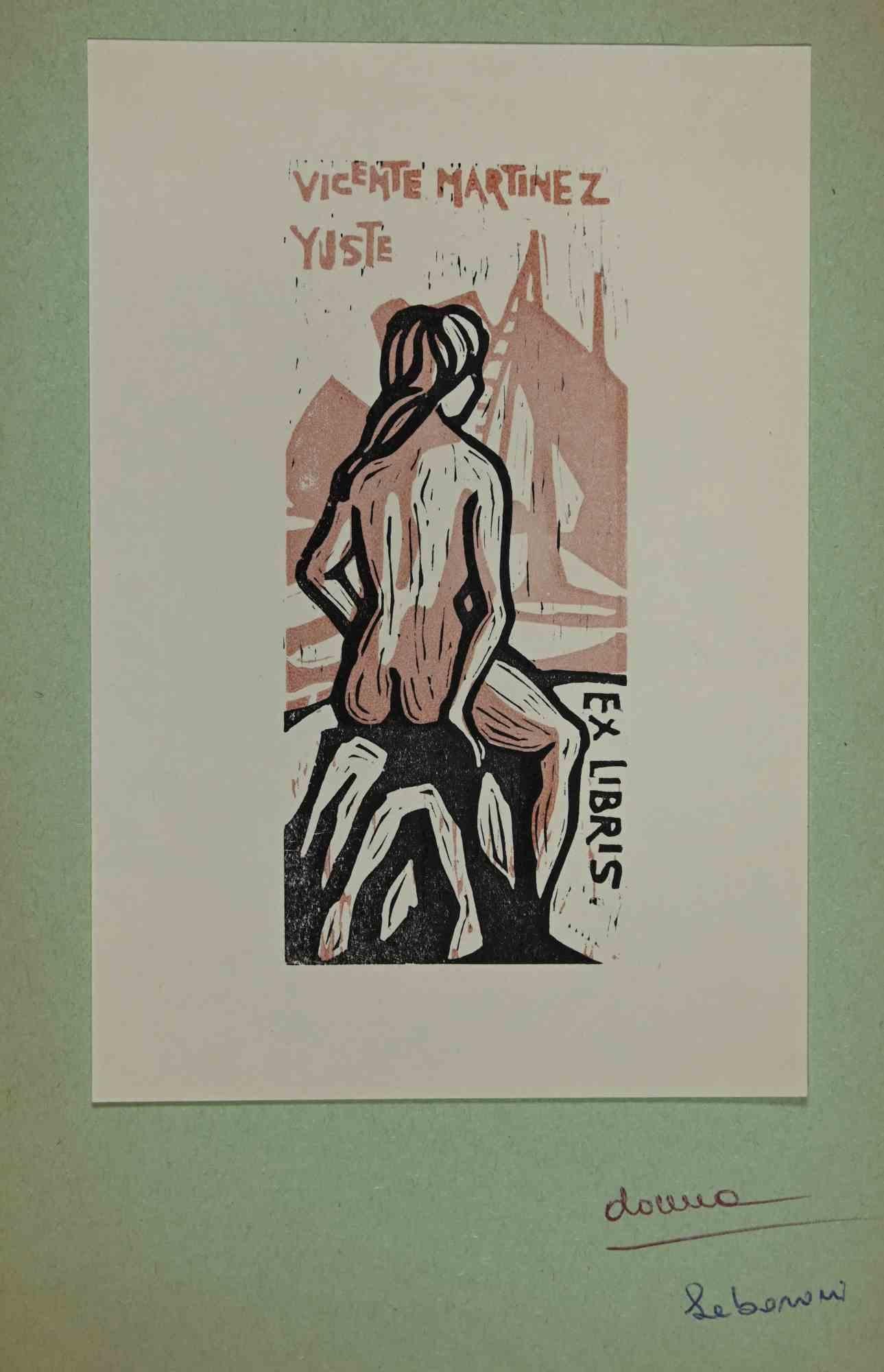 Unknown Figurative Print – Ex-Libris - Vicemte Martinez Yuste - Holzschnitt - Mitte des 20. Jahrhunderts