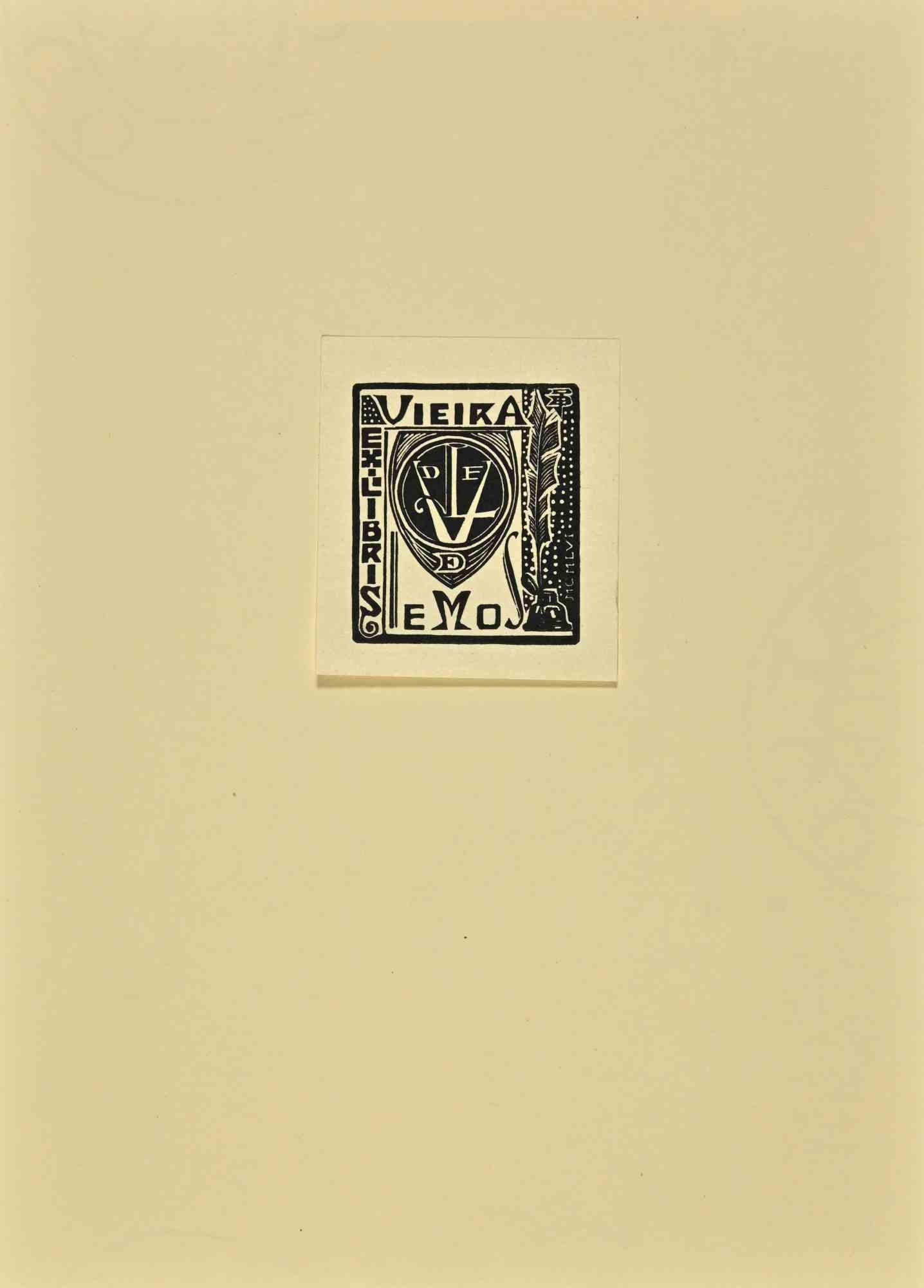 Unknown Figurative Print – Ex Libris Vieira – Holzschnitt-Druck – 1956