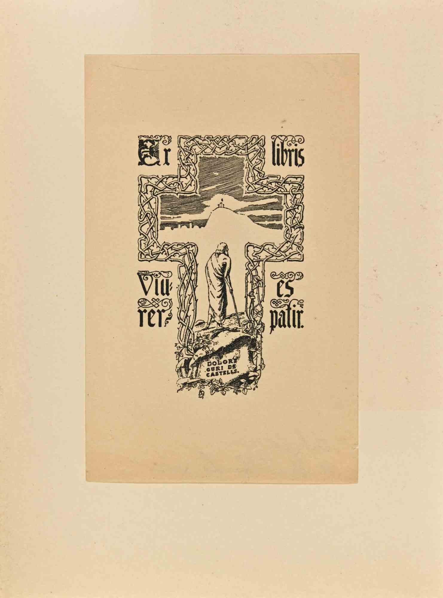 Unknown Figurative Print – Ex-Libris – Viver es Patir – Holzschnitt – Mitte des 20. Jahrhunderts
