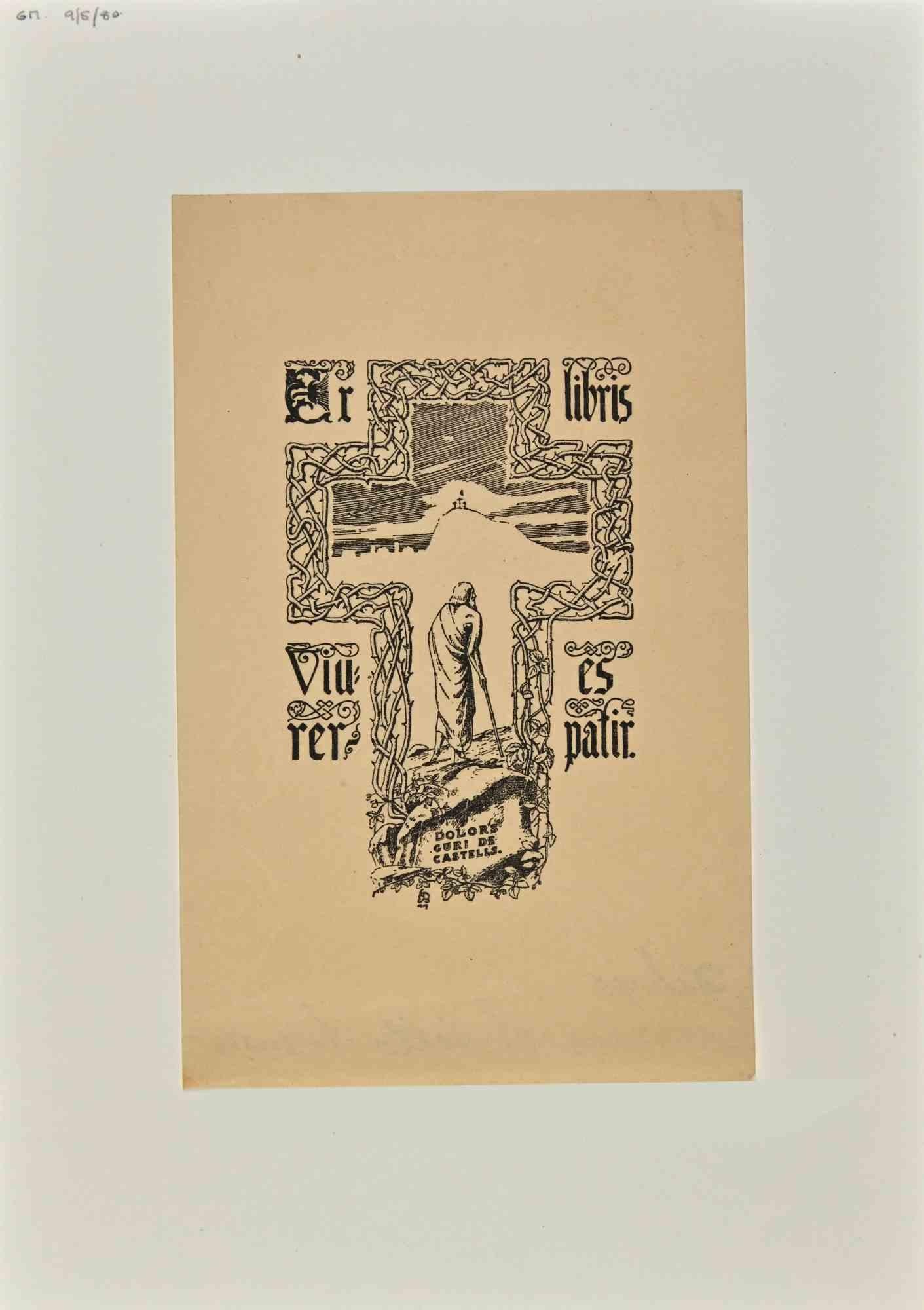 Unknown Figurative Print – Ex-Libris – Viver es Patir – Holzschnitt – Mitte des 20. Jahrhunderts
