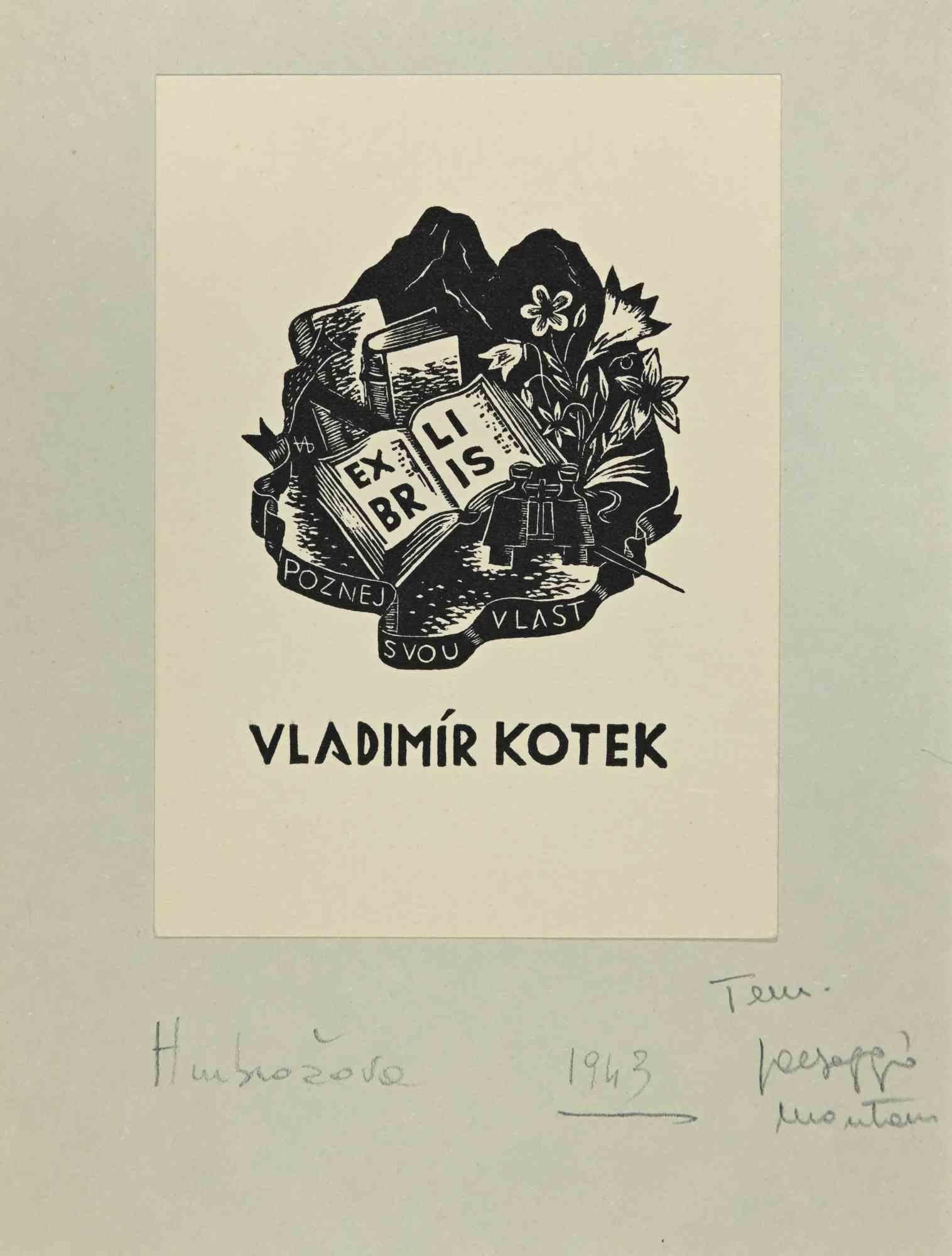 Unknown Figurative Print - Ex Libris - Vladimir Kotek - Woodcut - 1943