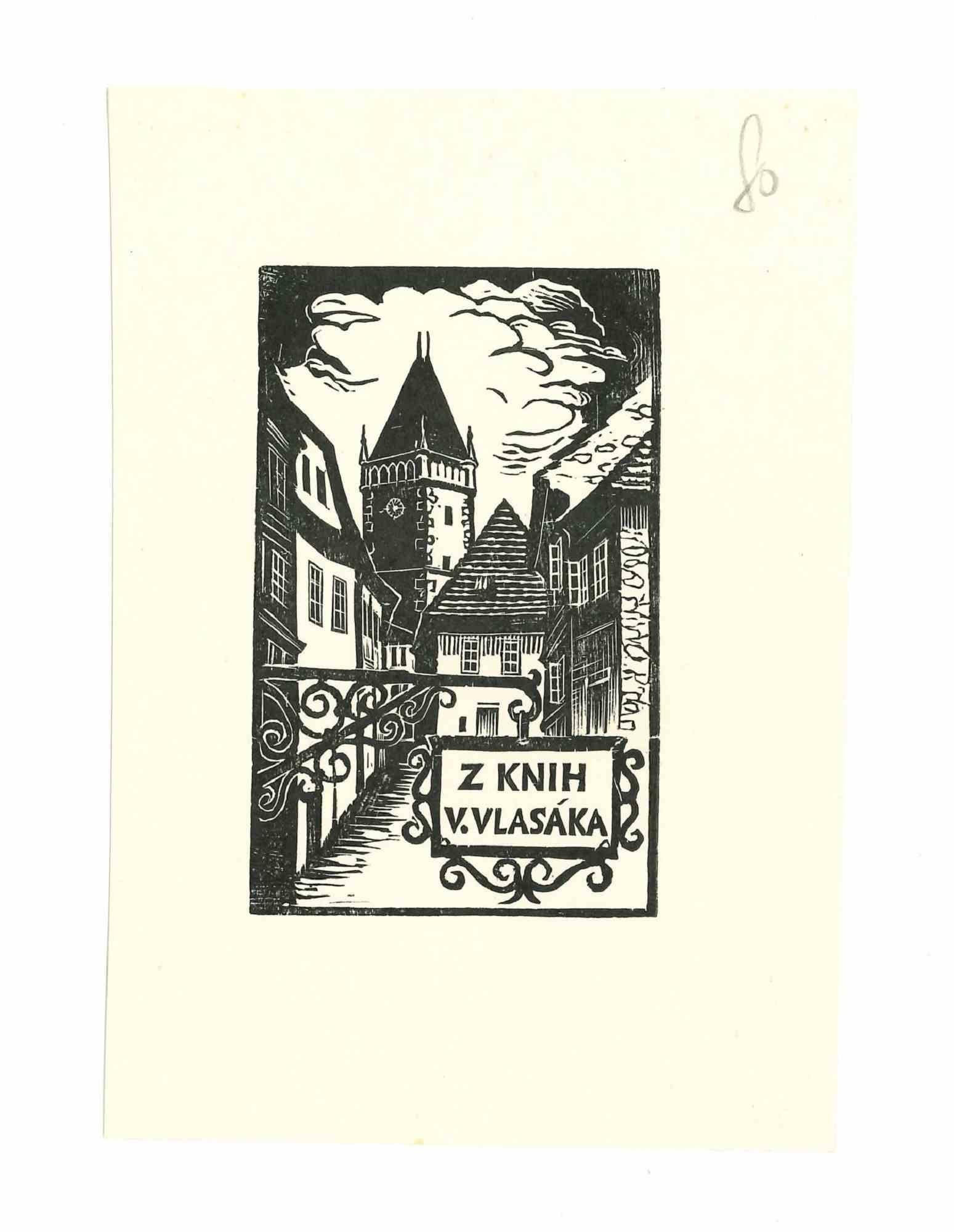 Unknown Figurative Print - Ex Libris Vlasaka - Original Woodcut - Mid-20th Century