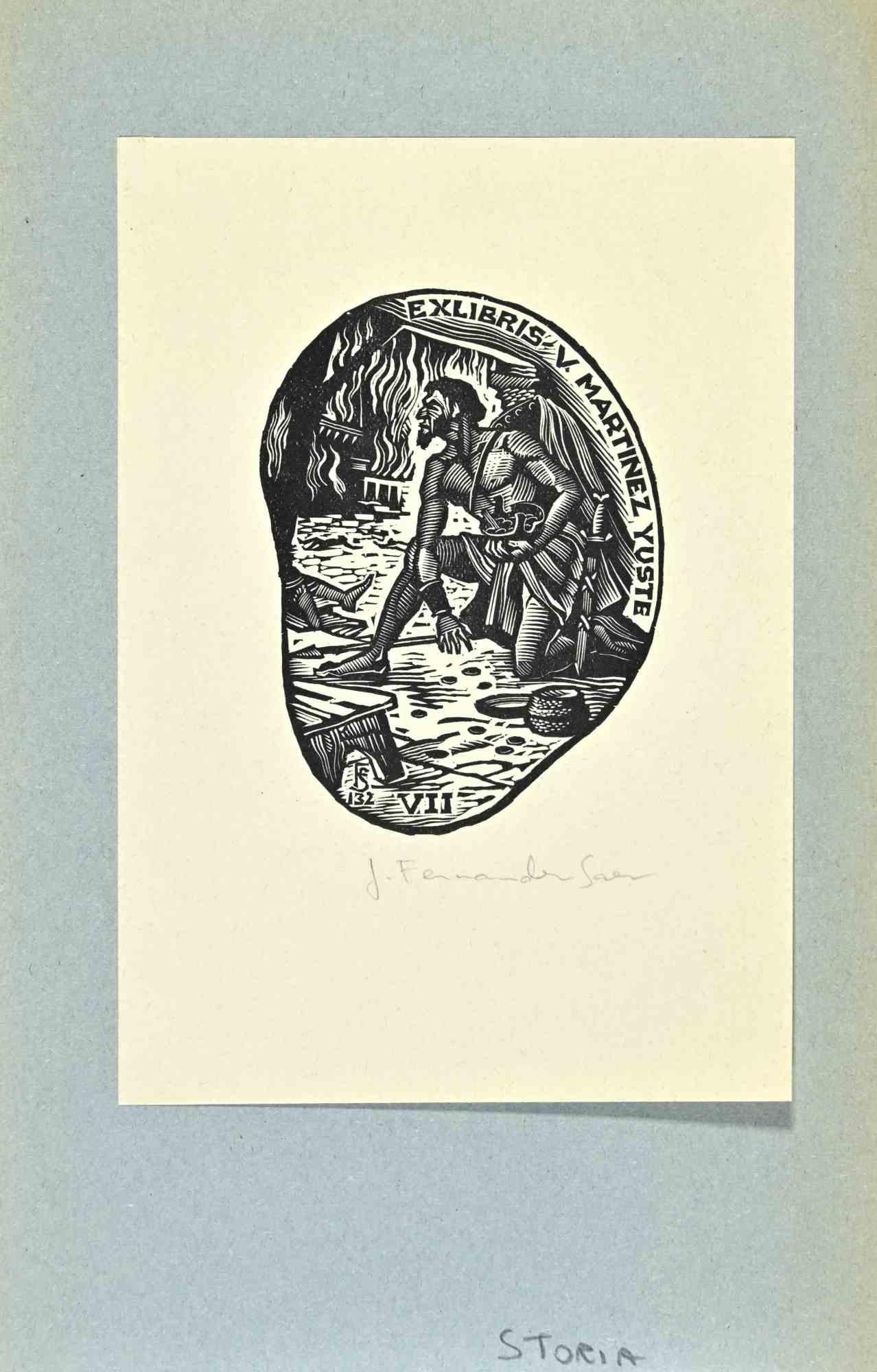 Unknown Figurative Print - Ex Libris - V.Martinez - Woodcut - Mid 20th Century