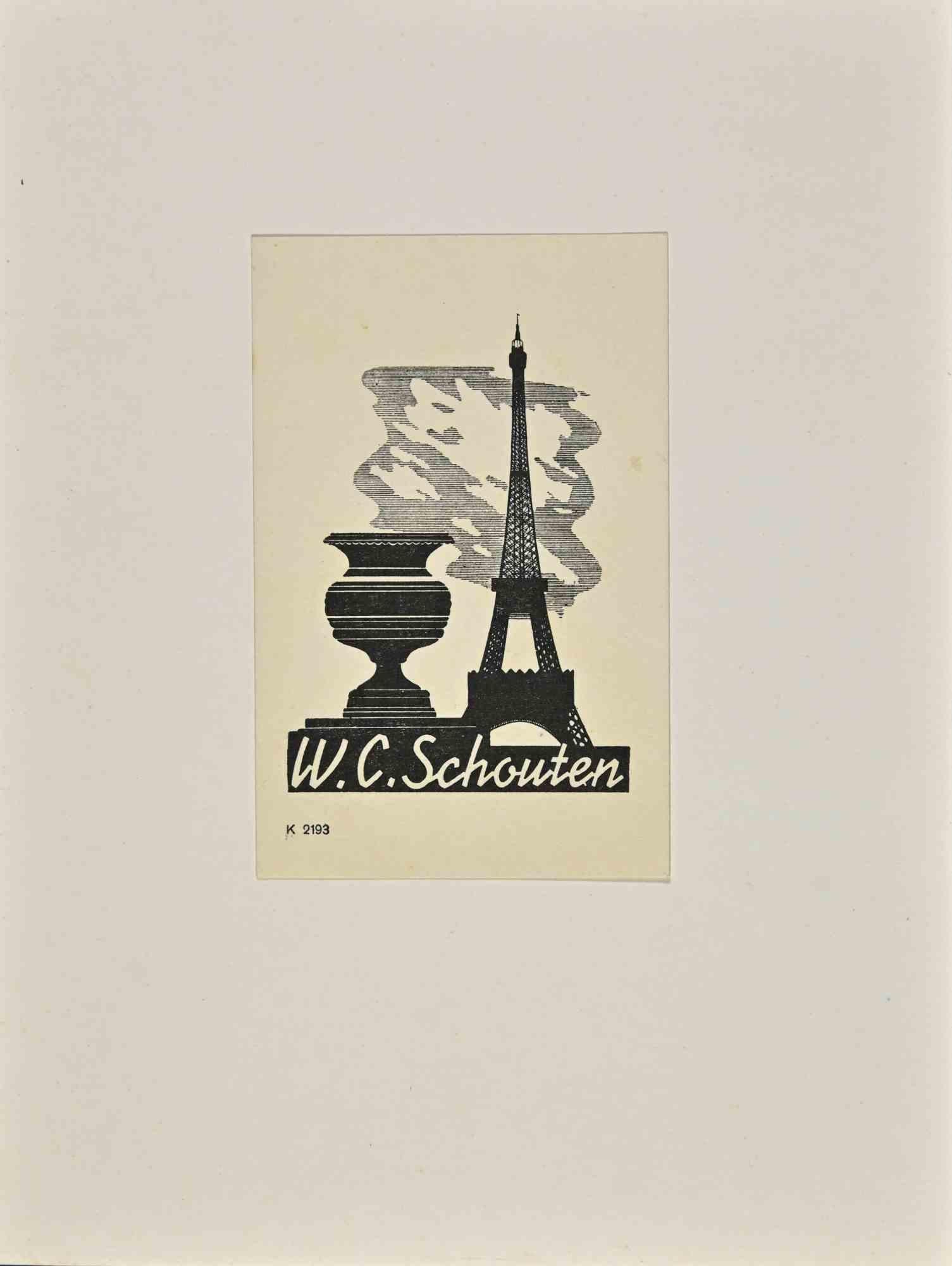 Unknown Figurative Print – Ex Libris W.C. Schouten – Holzschnitt – Mitte des 20. Jahrhunderts