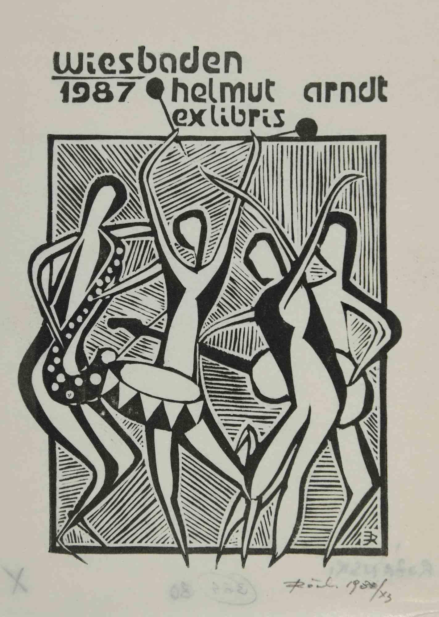 Unknown Figurative Print - Ex-Libris - Wiesbaden - Woodcut - Mid 20th Century