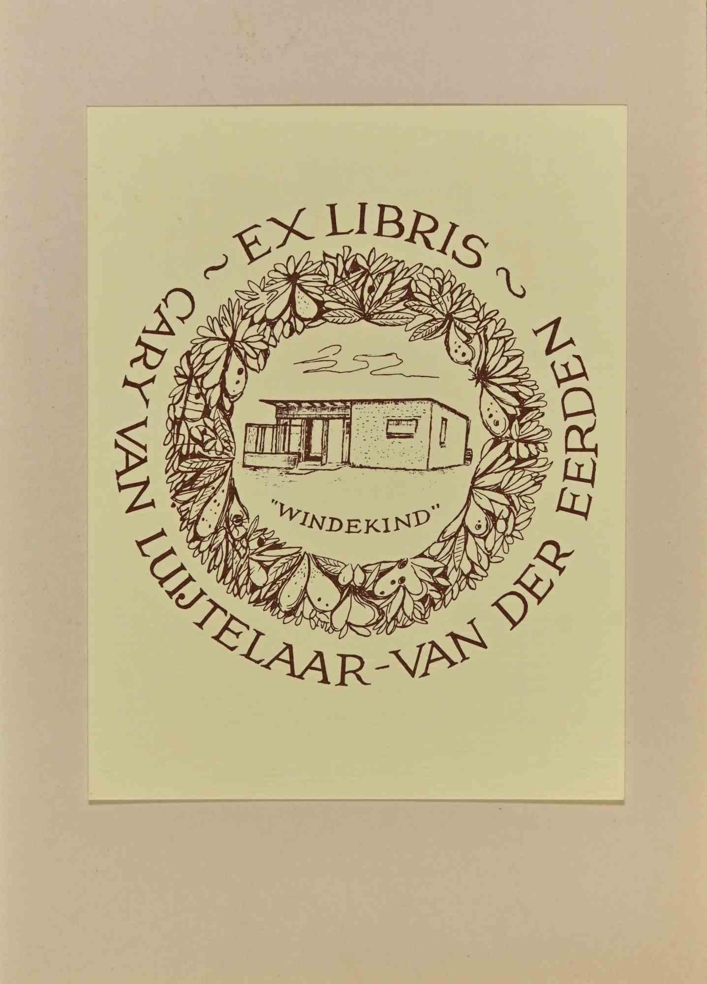 Unknown Figurative Print – Ex Libris – Windekind – Holzschnitt – Mitte des 20. Jahrhunderts
