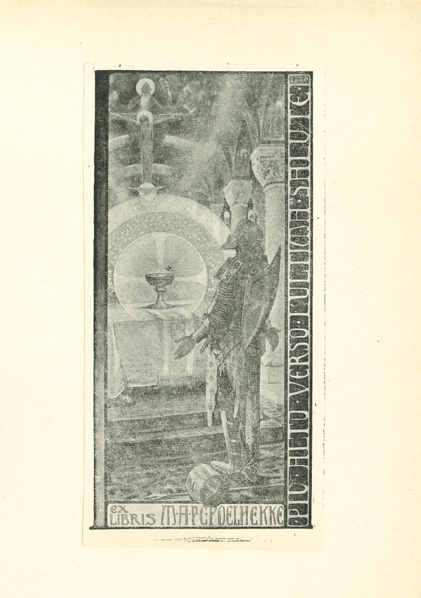 Unknown Figurative Print - Ex Libris with Knight - Vintage Offset Print - Early 20th Century
