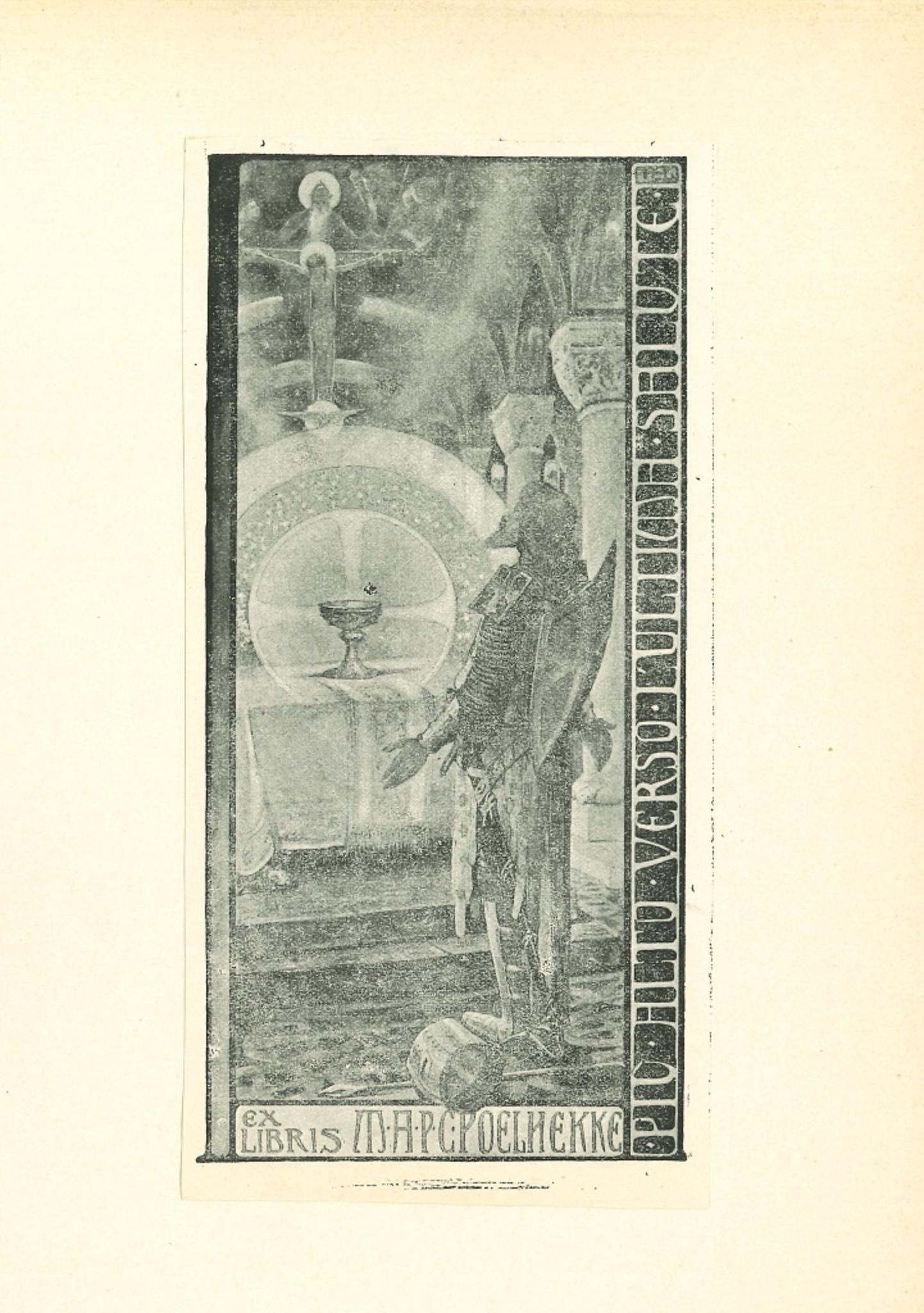 Unknown Figurative Print – Libris mit Ritter - Vintage Offsetdruck - frühes 20. Jahrhundert