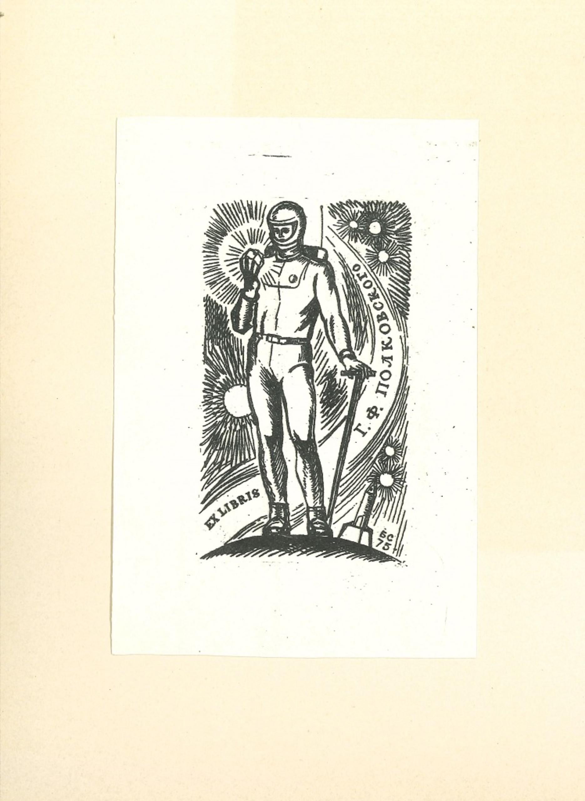 Unknown Figurative Print - Ex Libris with Standing Man - Original Woodcut - Mid-20th Century