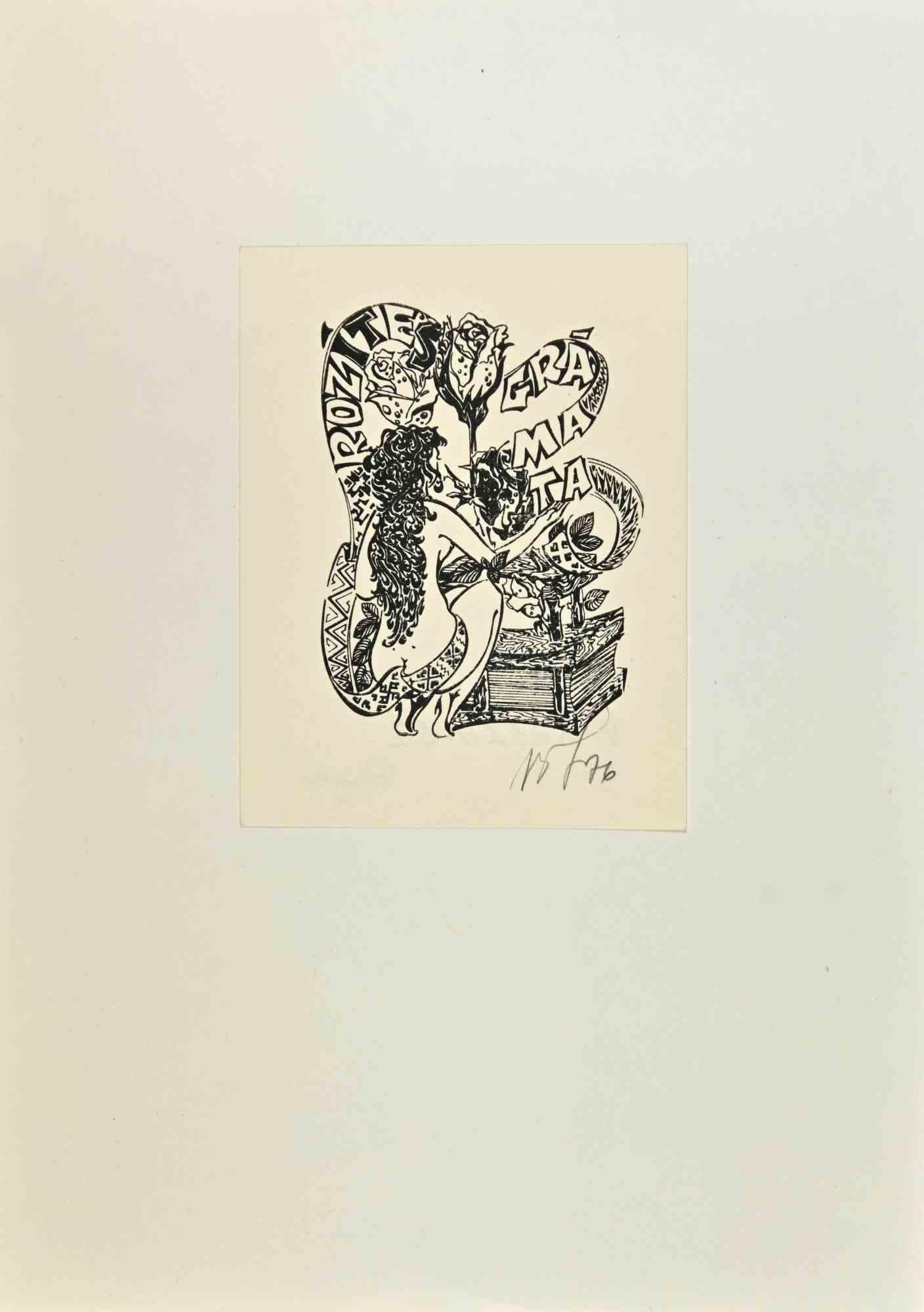 Unknown Figurative Print - Ex Libris - Woodcut - 1976