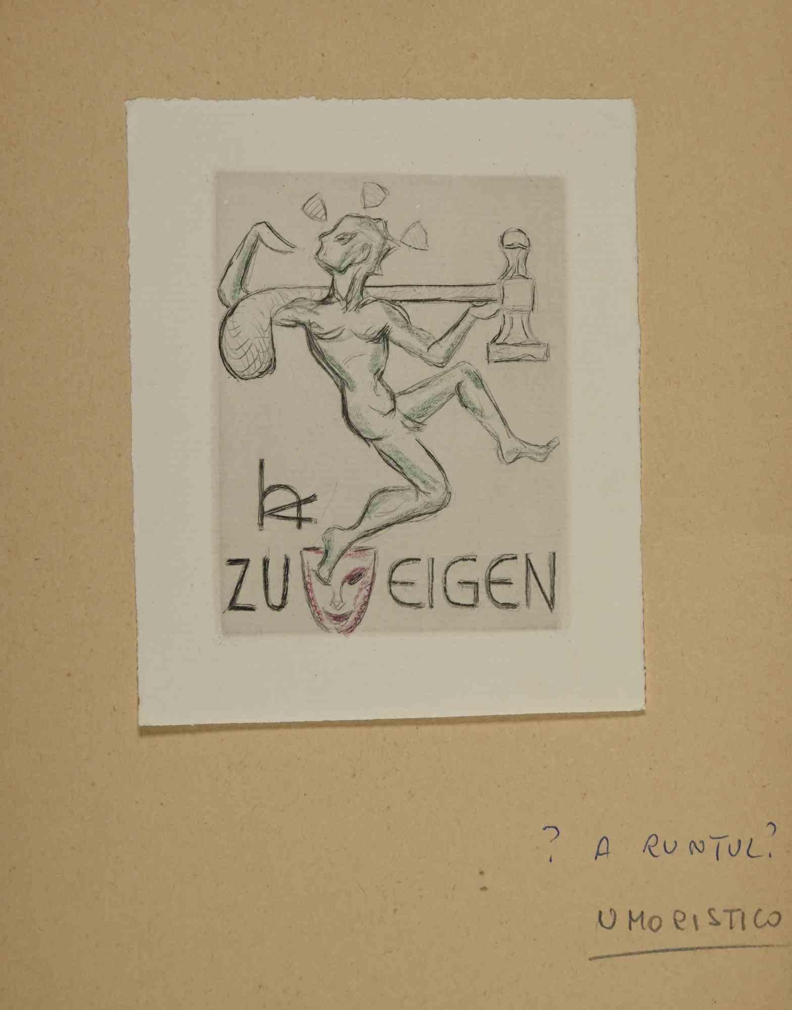 Unknown Figurative Print - Ex-Libris Zu Eigen - woodcut - Mid 20th Century