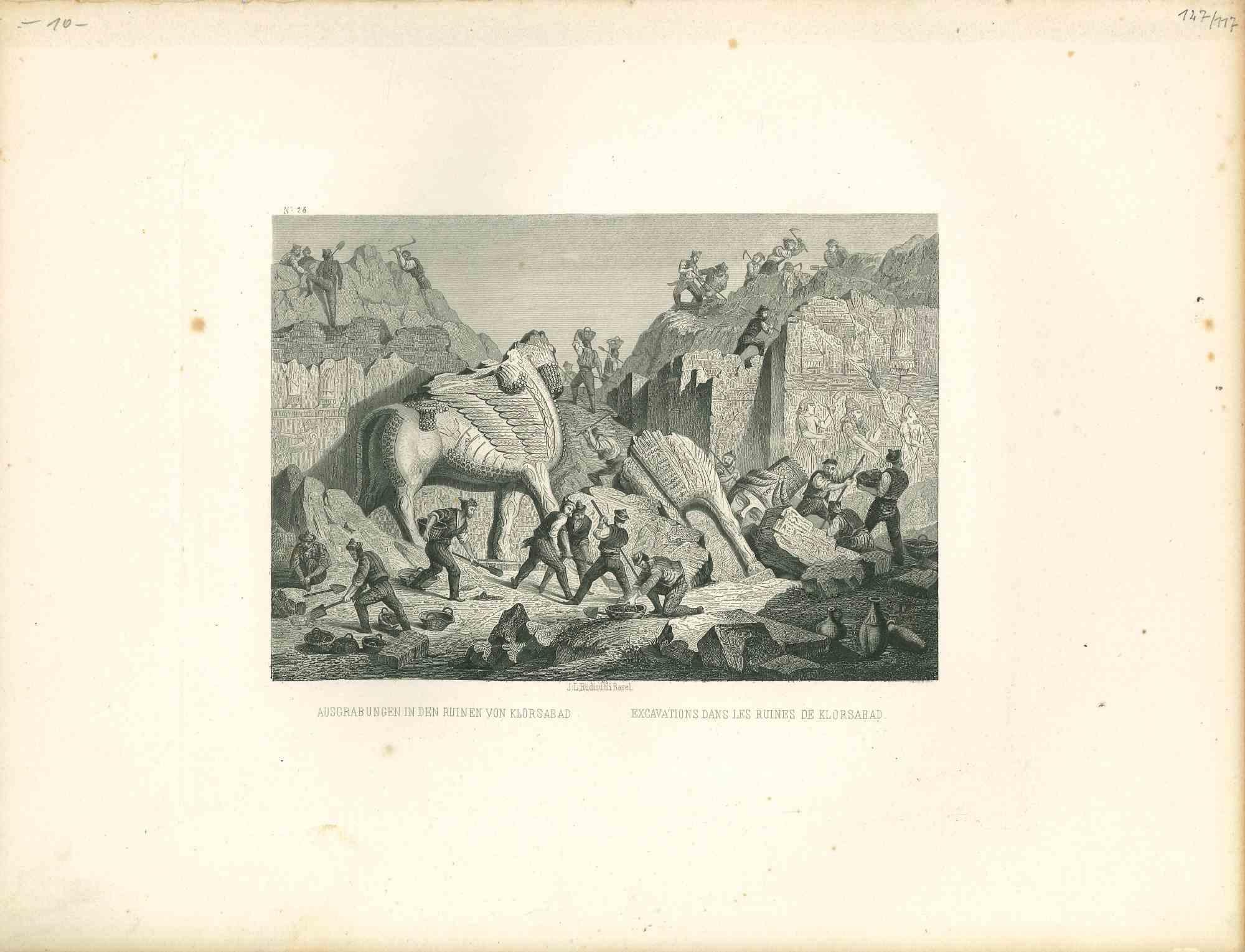 Excavations dans les Ruines de Klorsaba - Lithographie originale du milieu du 19e siècle