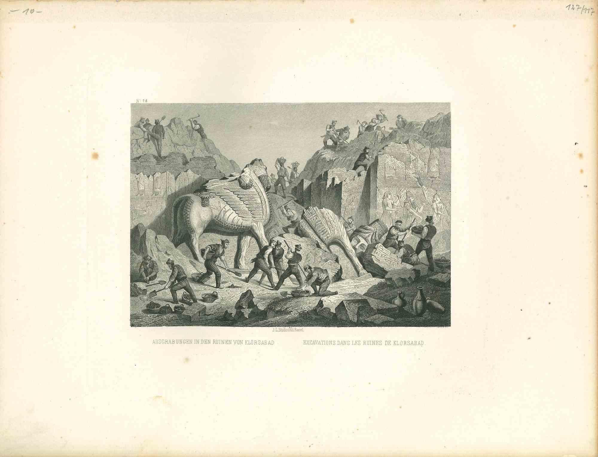 Unknown Figurative Print - Excavations dans les Ruines de Klorsaba - Original Lithograph - Mid 19th Century