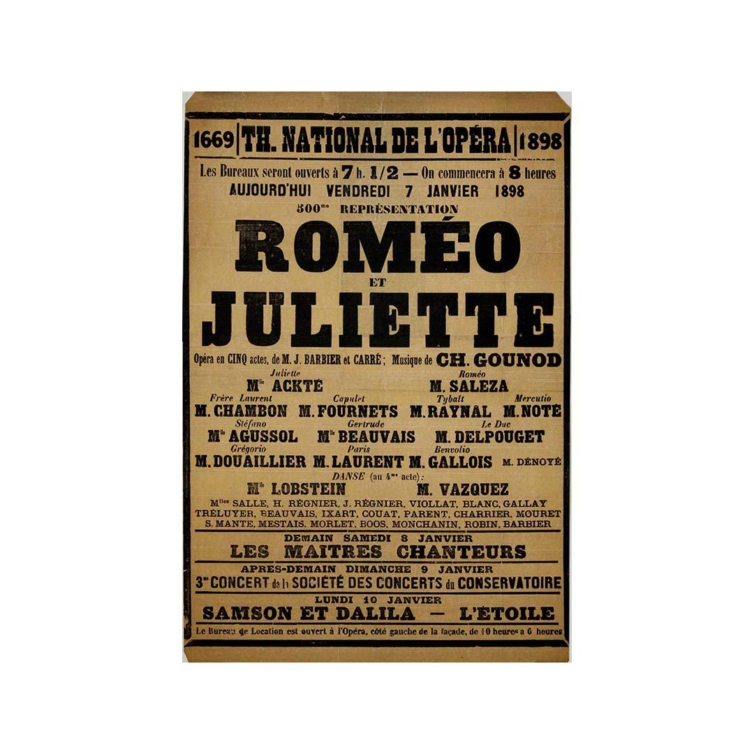 This exquisite 1898 Art Nouveau poster celebrates the 500th performance of Roméo et Juliette at the prestigious Théâtre National de l'Opéra in Paris. A grand milestone for Charles Gounod’s beloved opera, this artwork embodies the romanticism,