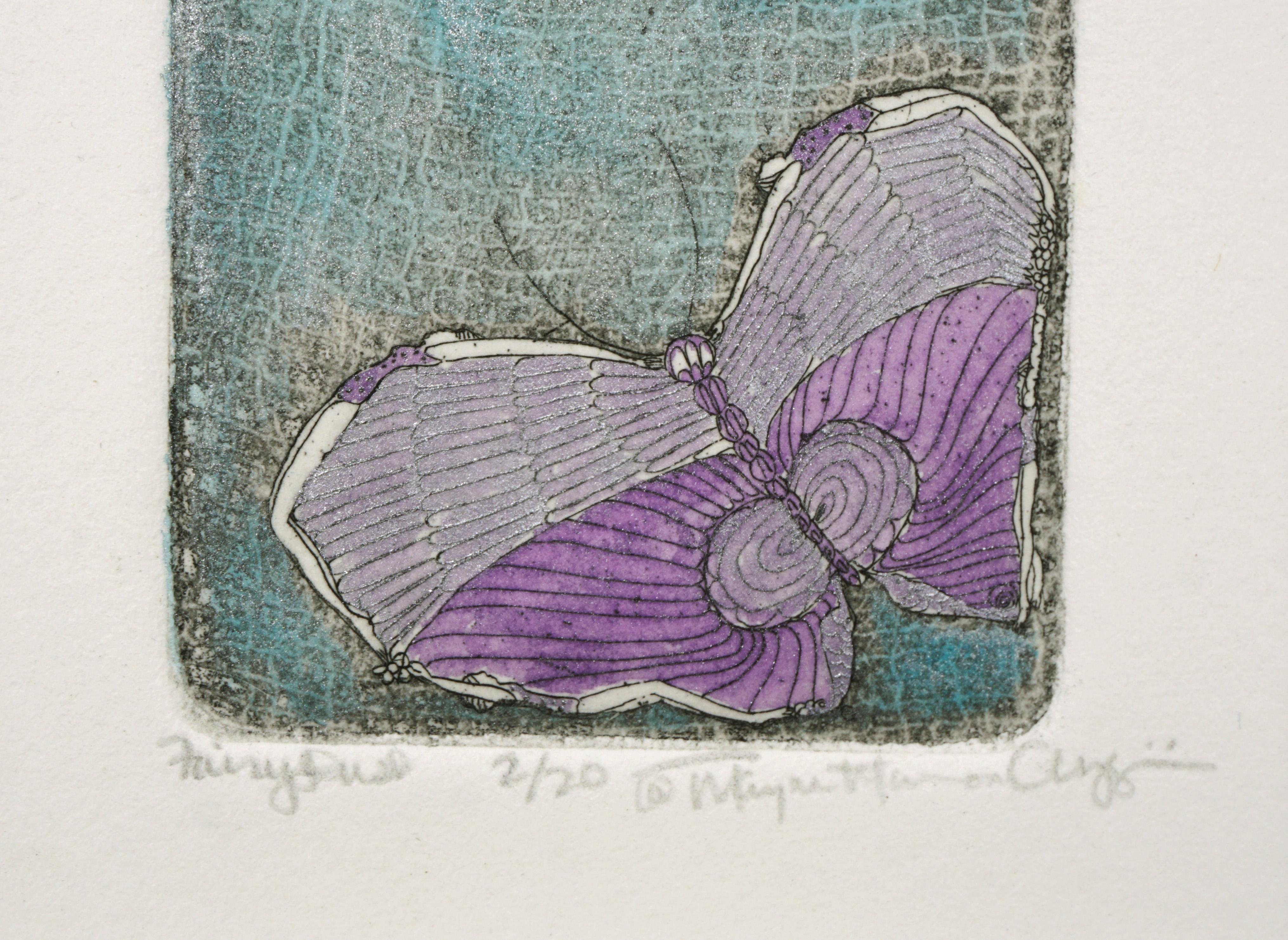 „“Fairy Rush““ – handgefärbte, schillernde Schmetterlingslithographie, 2/20 (Grau), Figurative Print, von Unknown