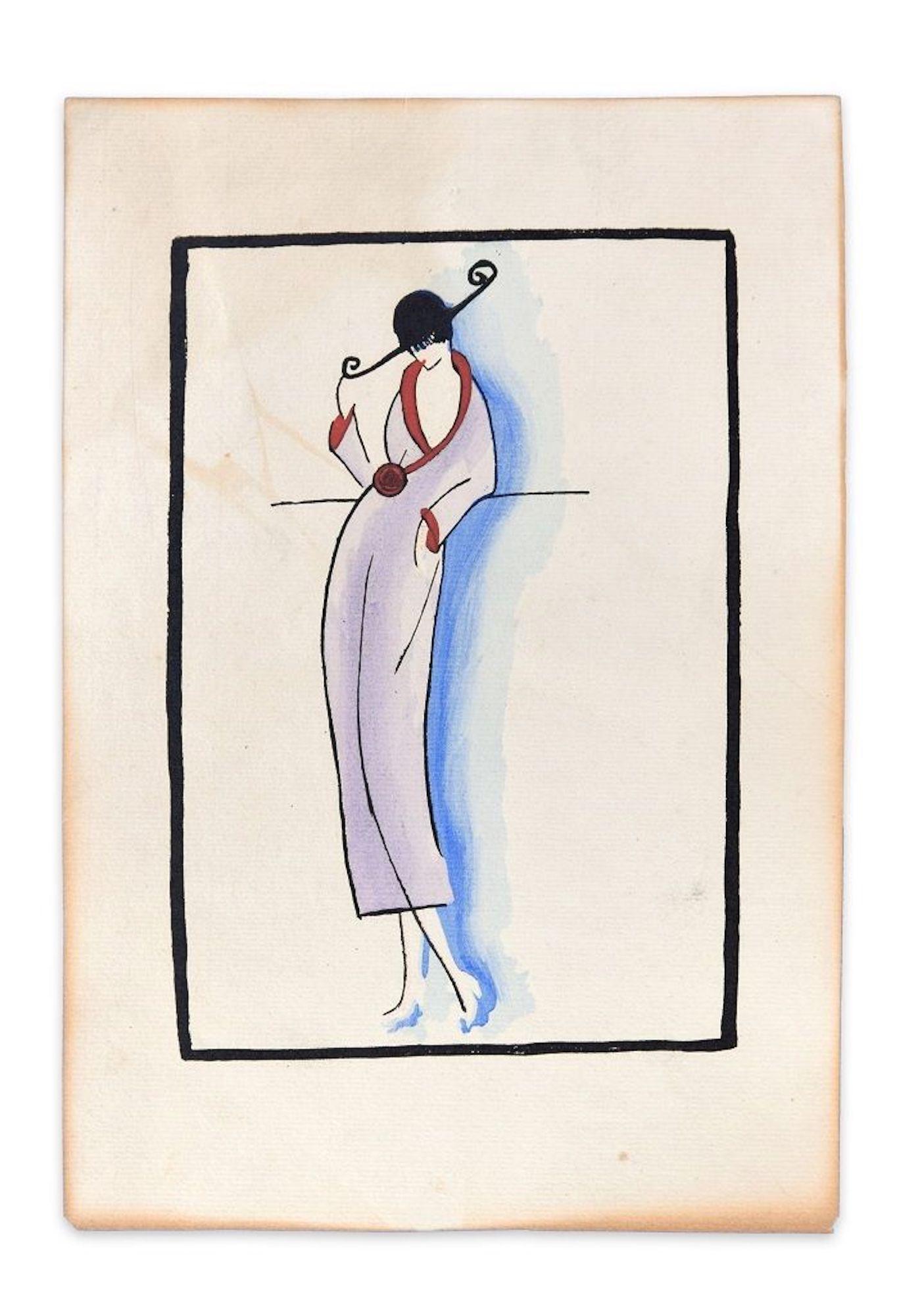 Modeable Woman / Holzschnitt, handkoloriert in Tempera auf Papier – Art déco – 1920er Jahre – Print von Unknown