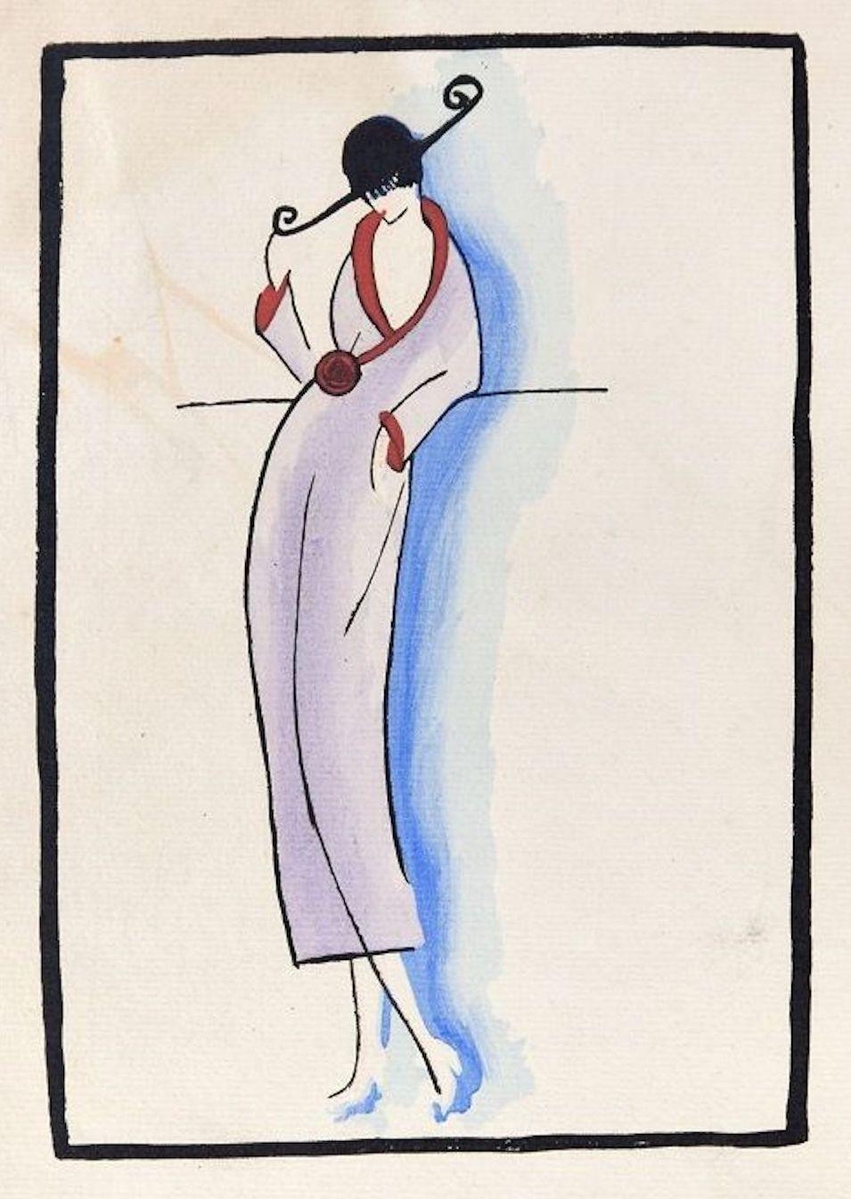 Unknown Figurative Print – Modeable Woman / Holzschnitt, handkoloriert in Tempera auf Papier – Art déco – 1920er Jahre