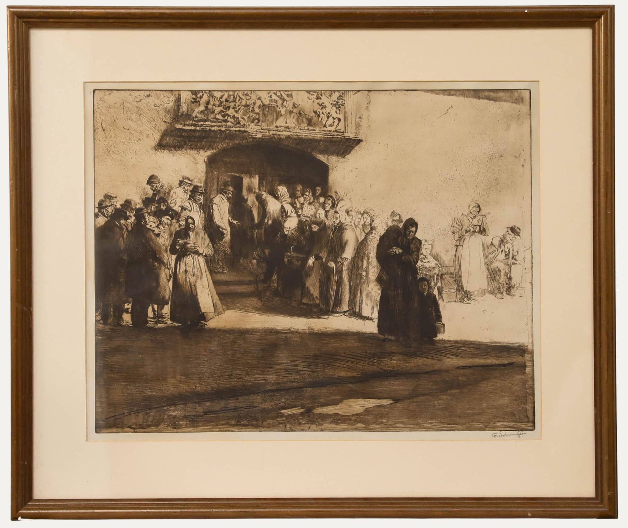 Ferdinand Schmutzer (1870-1928)- Etching, Beggers at the Monastery Soup Kitchen