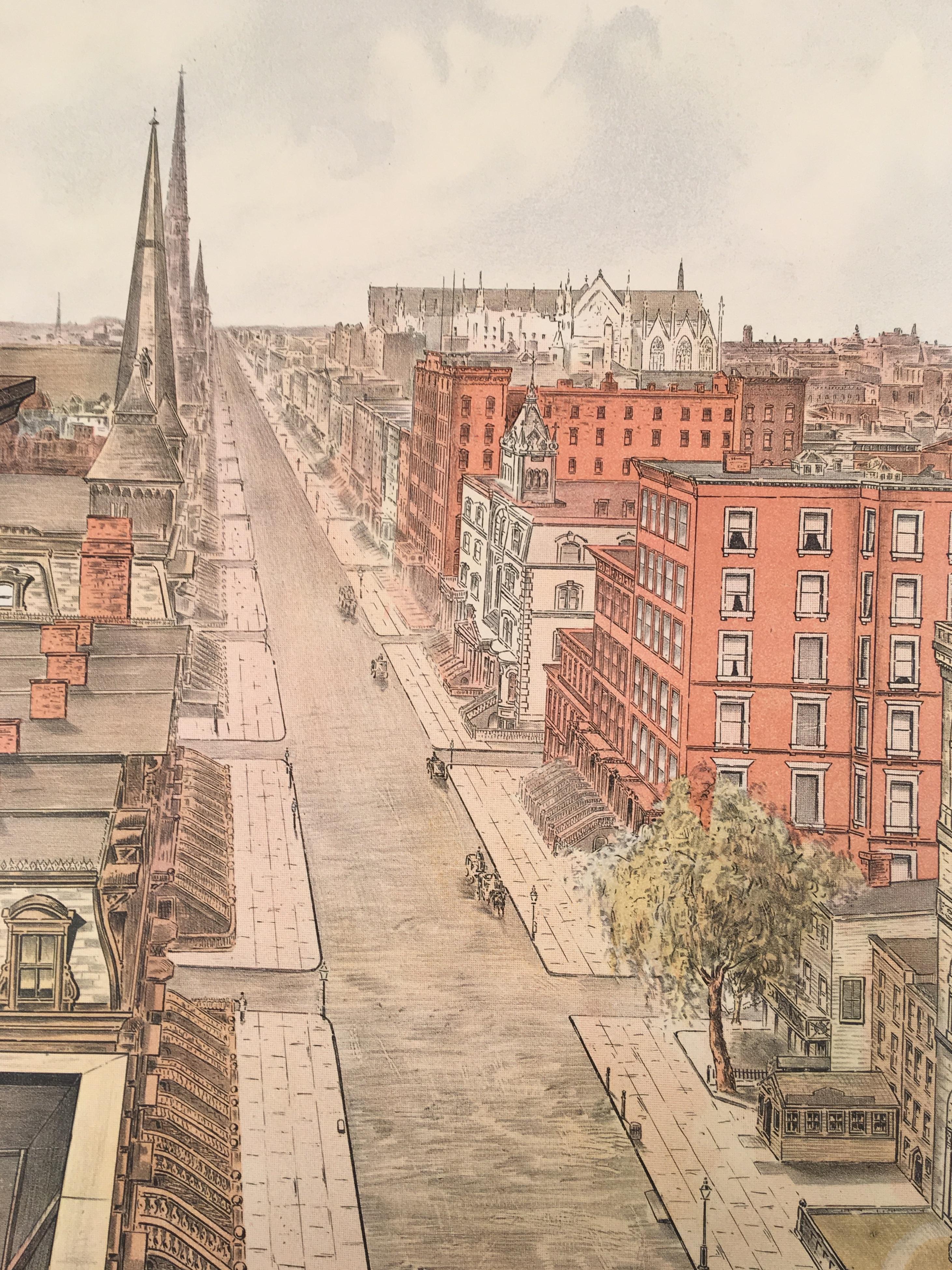 
1904 lithograph looking north from 42nd Street shows the spire of the Collegiate Church of St. Nicholas rising a few blocks away at 48th Street. It was constructed in 1872, when Fifth Avenue south of Central Park was home to many of New York’s most