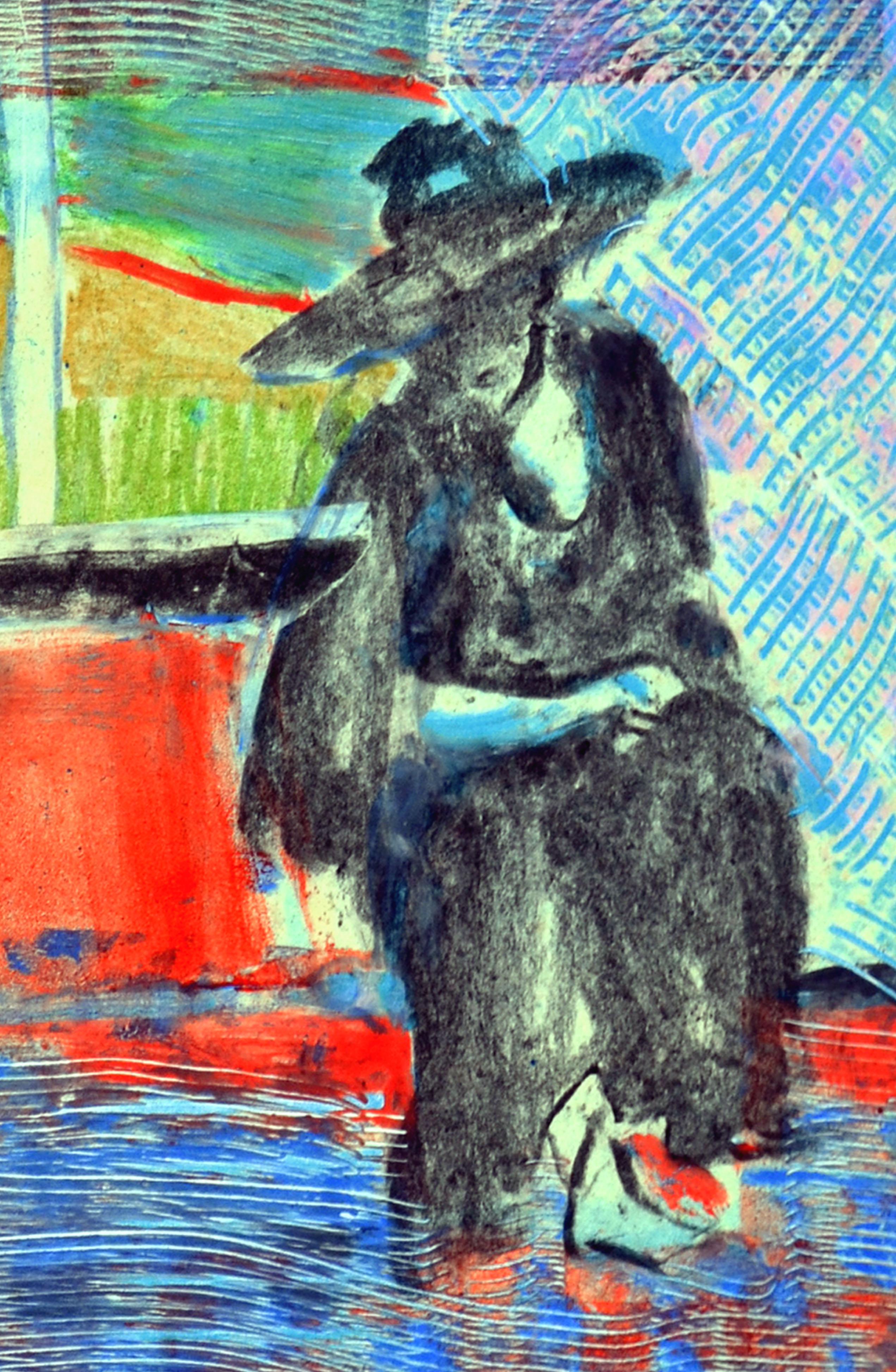 Figurative Abstract  -- Man at the Well - Gray Figurative Print by Unknown