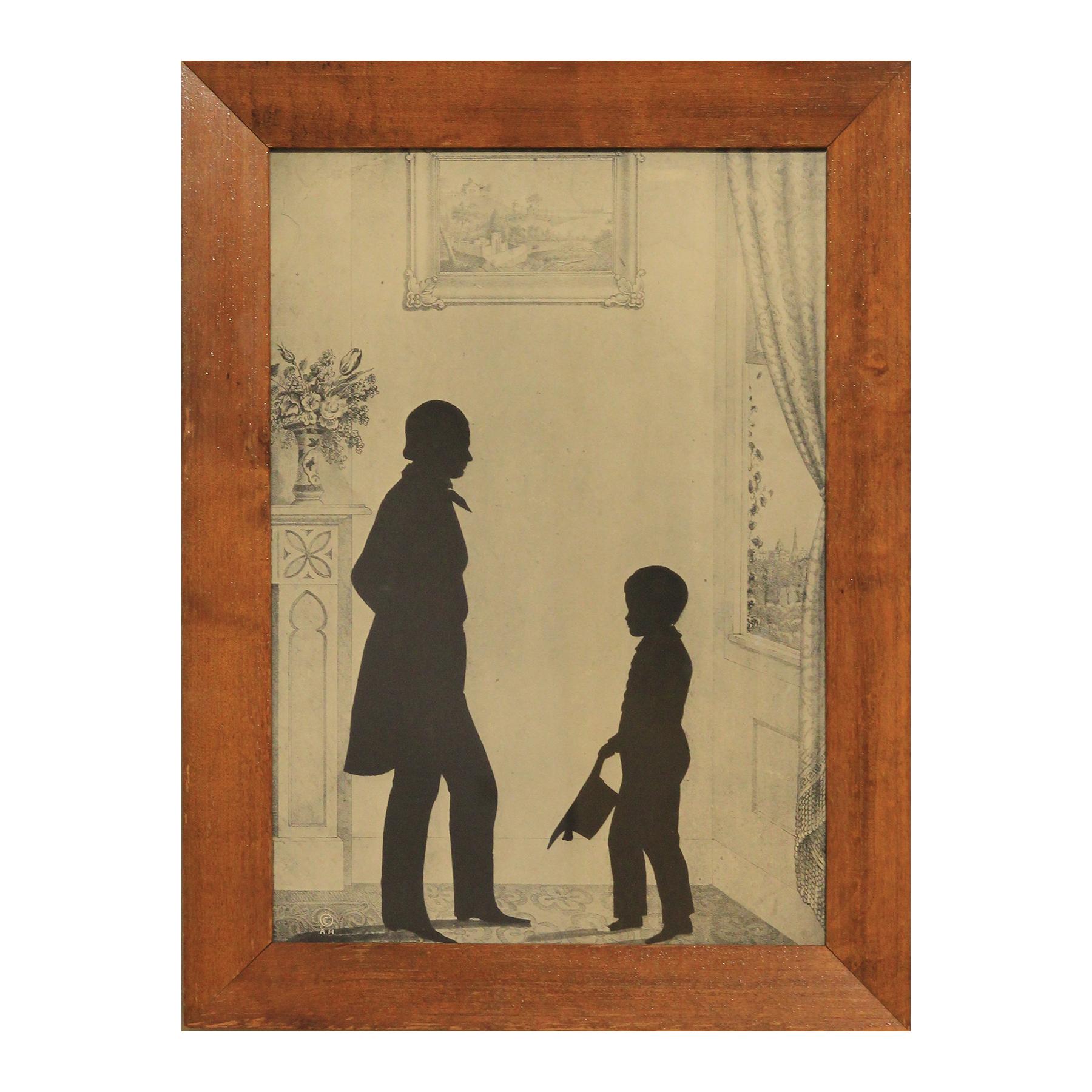 Unknown Portrait Print - Figurative Black Silhouette Portrait of a Victorian Man and Child Print