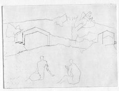 Figures in Landscape - Original Etching and Drypoint - Mid-20th Century