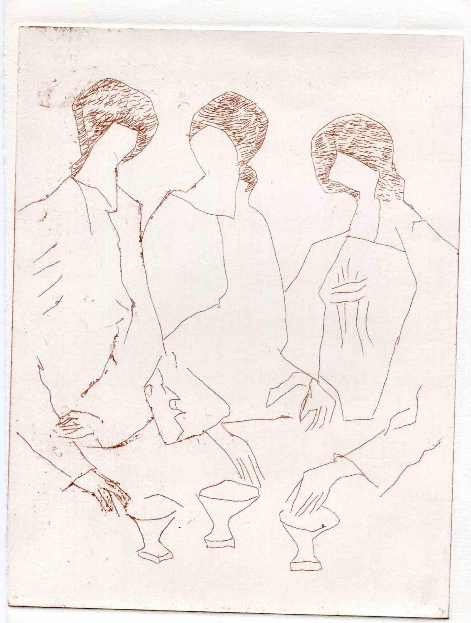 Unknown Figurative Print - Figures - Original Etching and Drypoint - Mid-20th Century