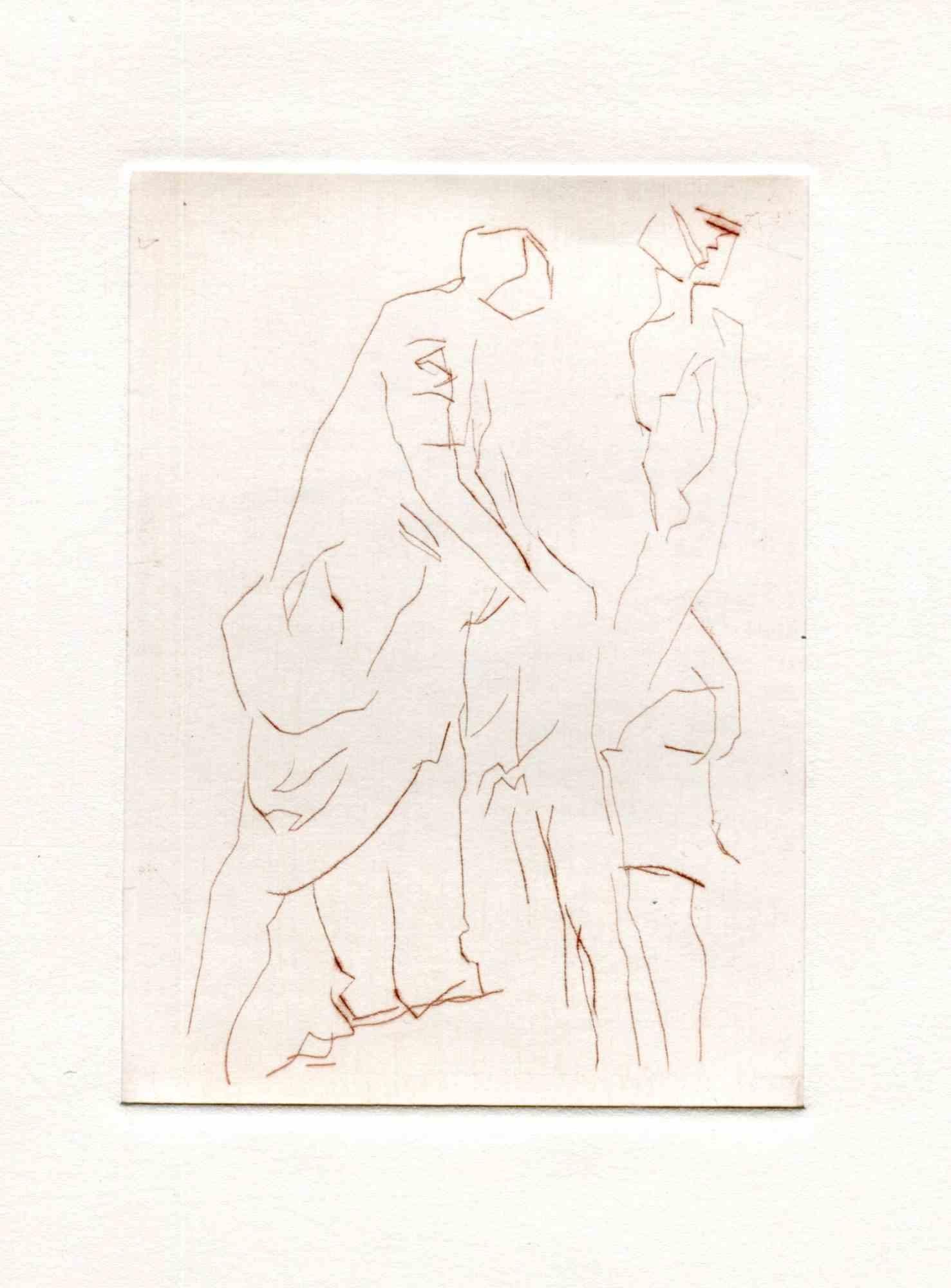 Unknown Figurative Print - Figures - Original Etching and Drypoint - Mid-20th Century