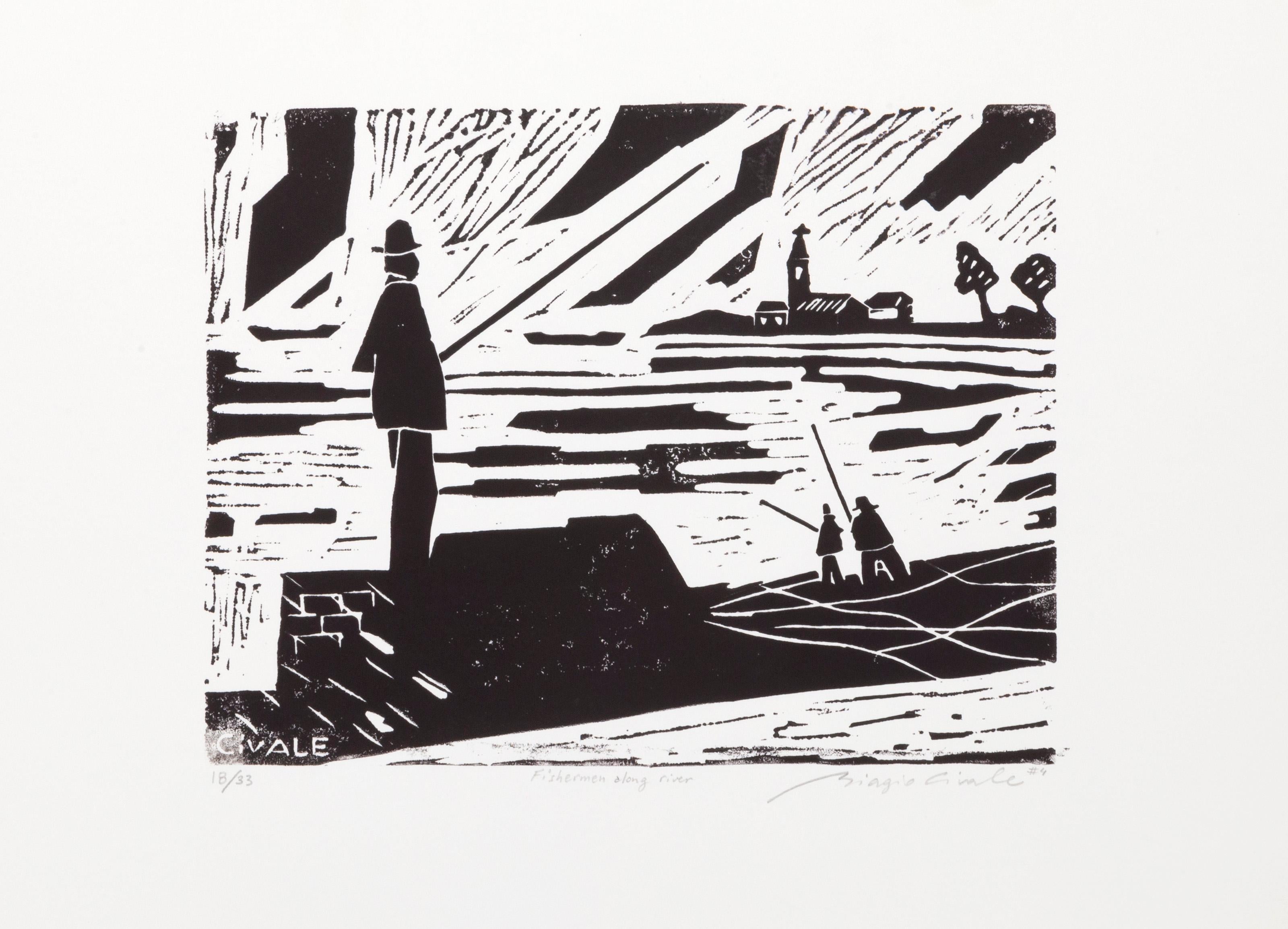 Fishermen Along the River, Modern Linocut by Biagio Civale