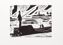 Pescadores junto al río, linograbado moderno de Biagio Civale