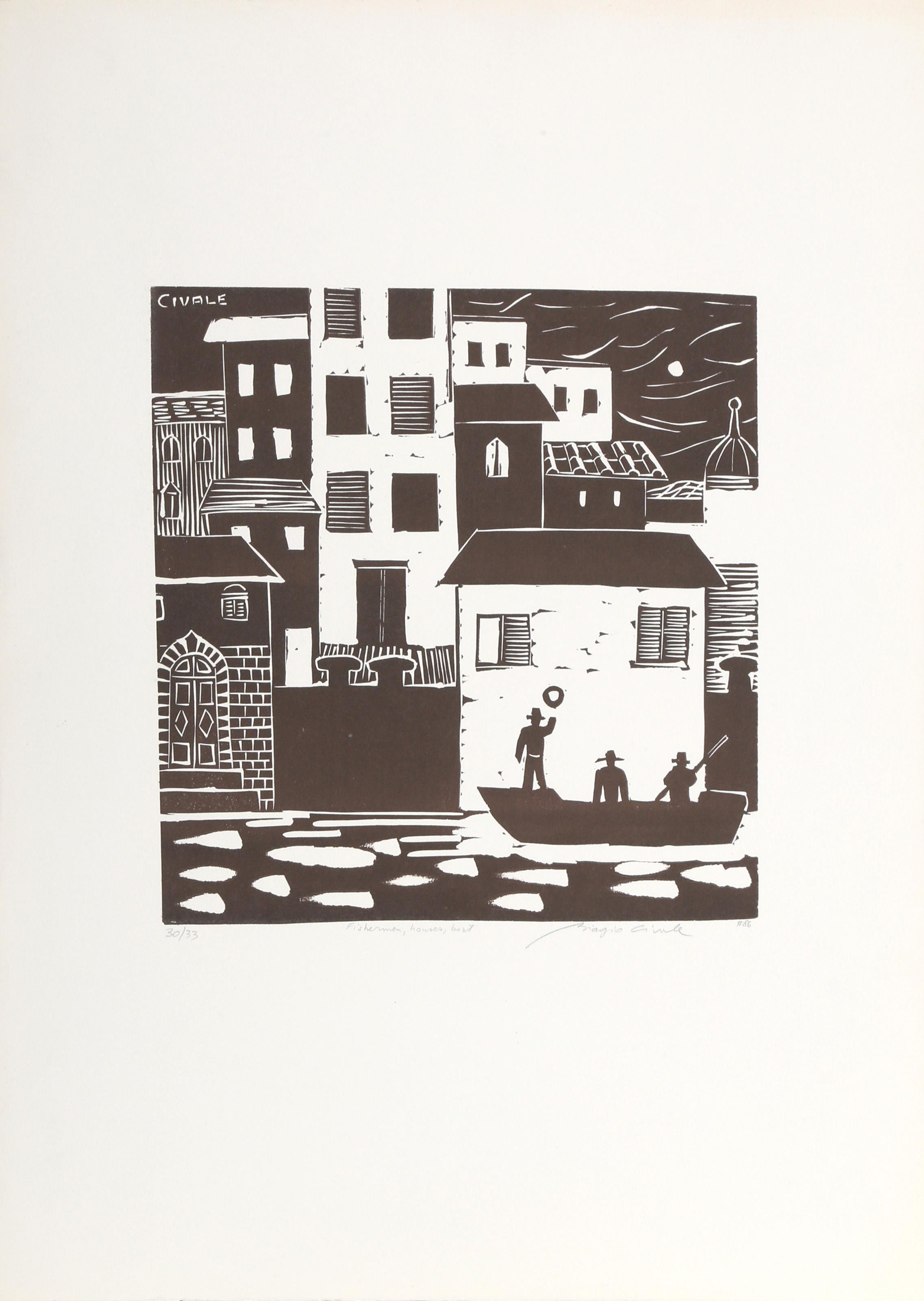 Fishermen, Houses, Boat, Modern Linocut by Biagio Civale