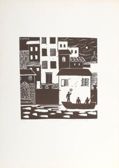 Pescadores, casas, barco, linograbado moderno de Biagio Civale