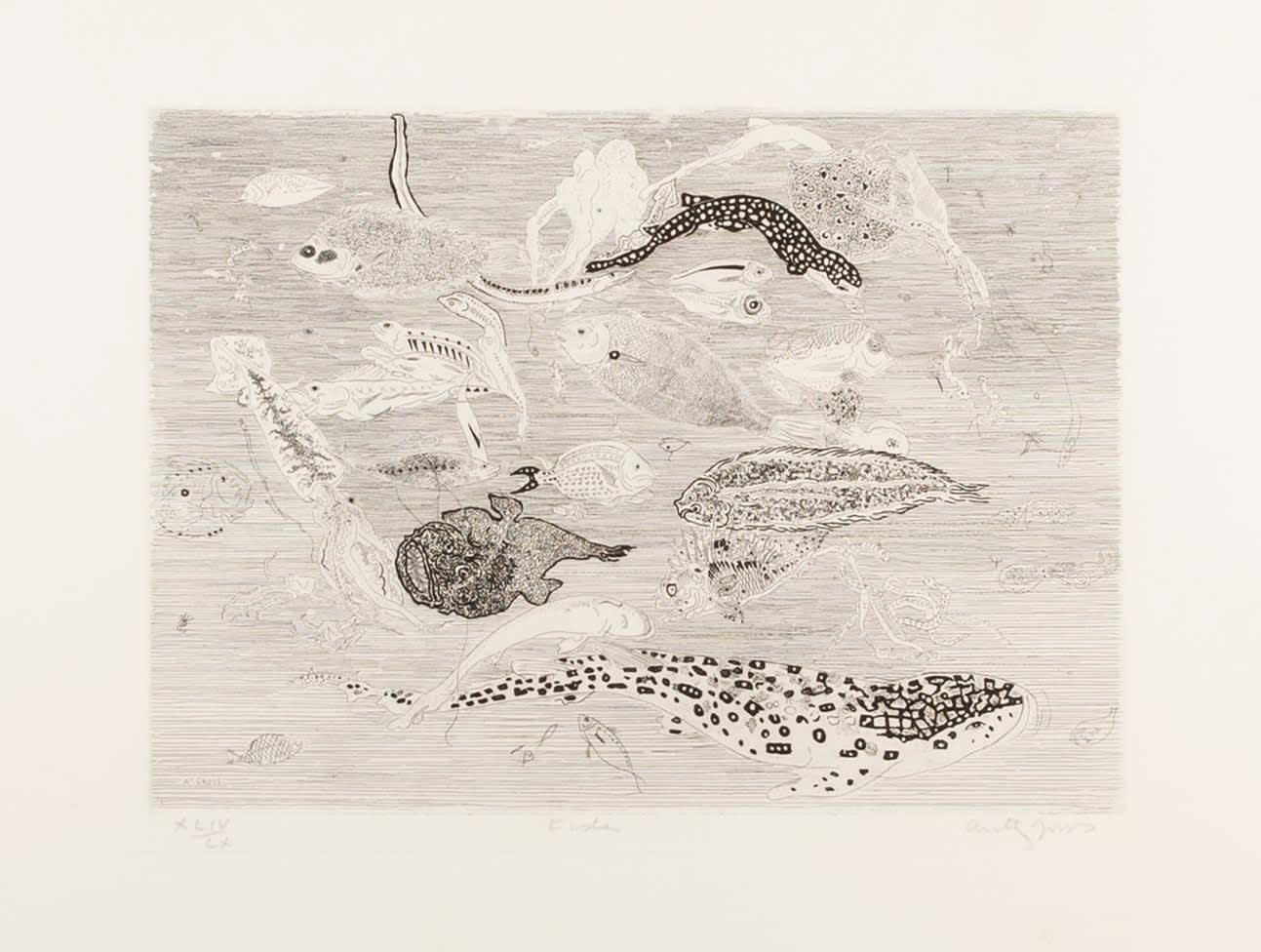 Peces de Anthony Gross, 1951

Más información:
Técnica: Grabado
24 x 34 cm
9 1/2 x 13 3/8 in
firmado, titulado y numerado a lápiz

Pintor y grabador inglés. Se formó en Londres, París y Madrid de 1923 a 1925, especializándose en grabado. En 1926 se