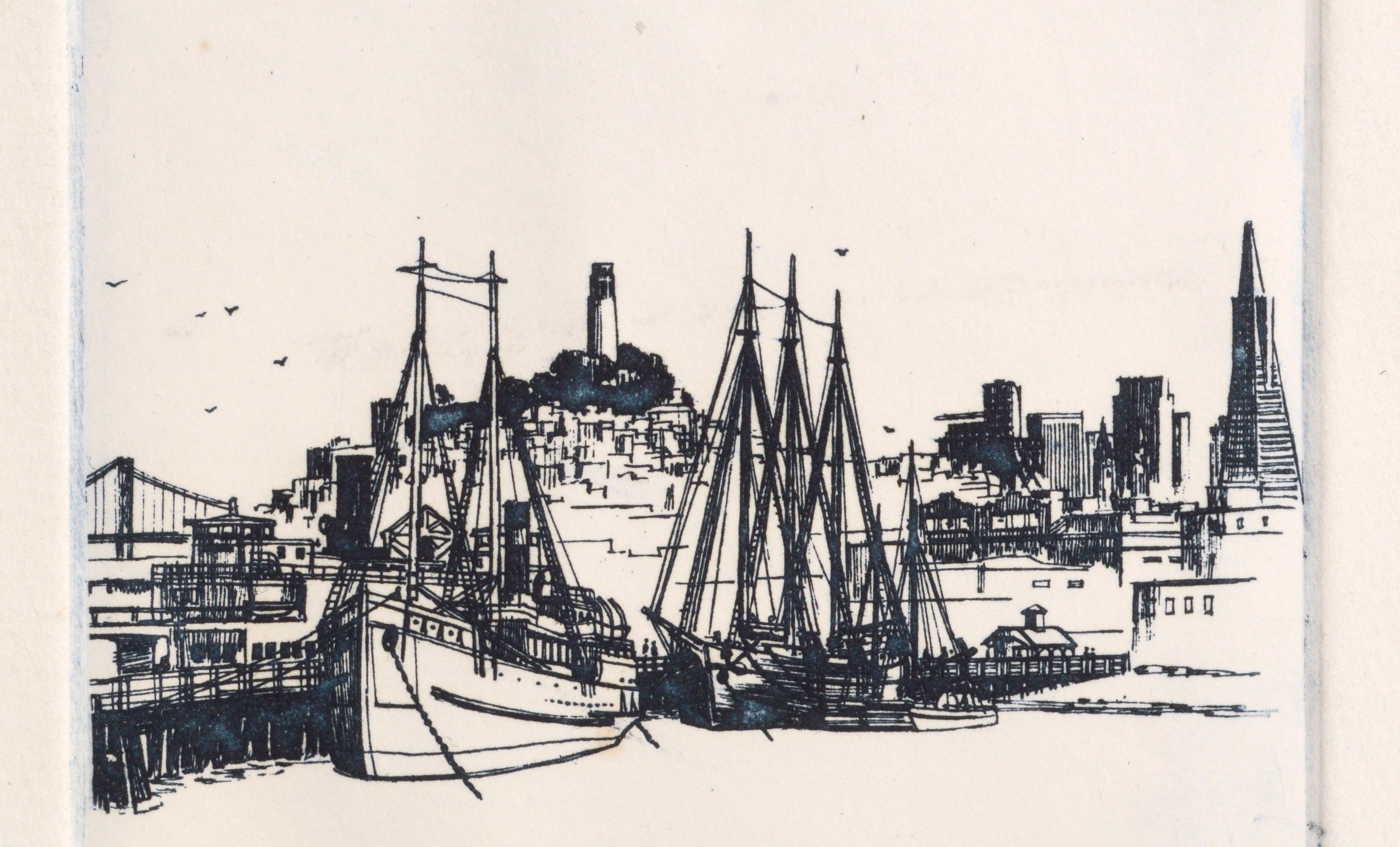 Barcos de pesca en el muelle - Paisaje marítimo de la bahía de San Francisco - Print Contemporáneo de Unknown
