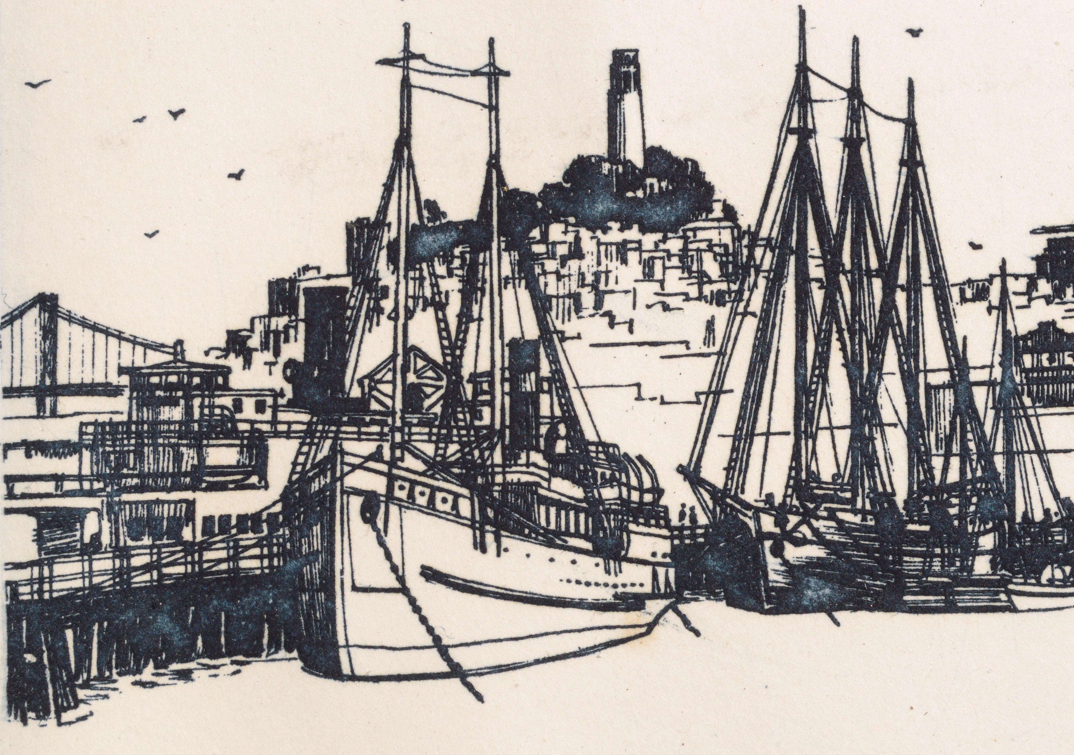 Fishing Boats in the Wharf - San Francisco Bay Area Maritime Landscape  - Contemporary Print by Unknown
