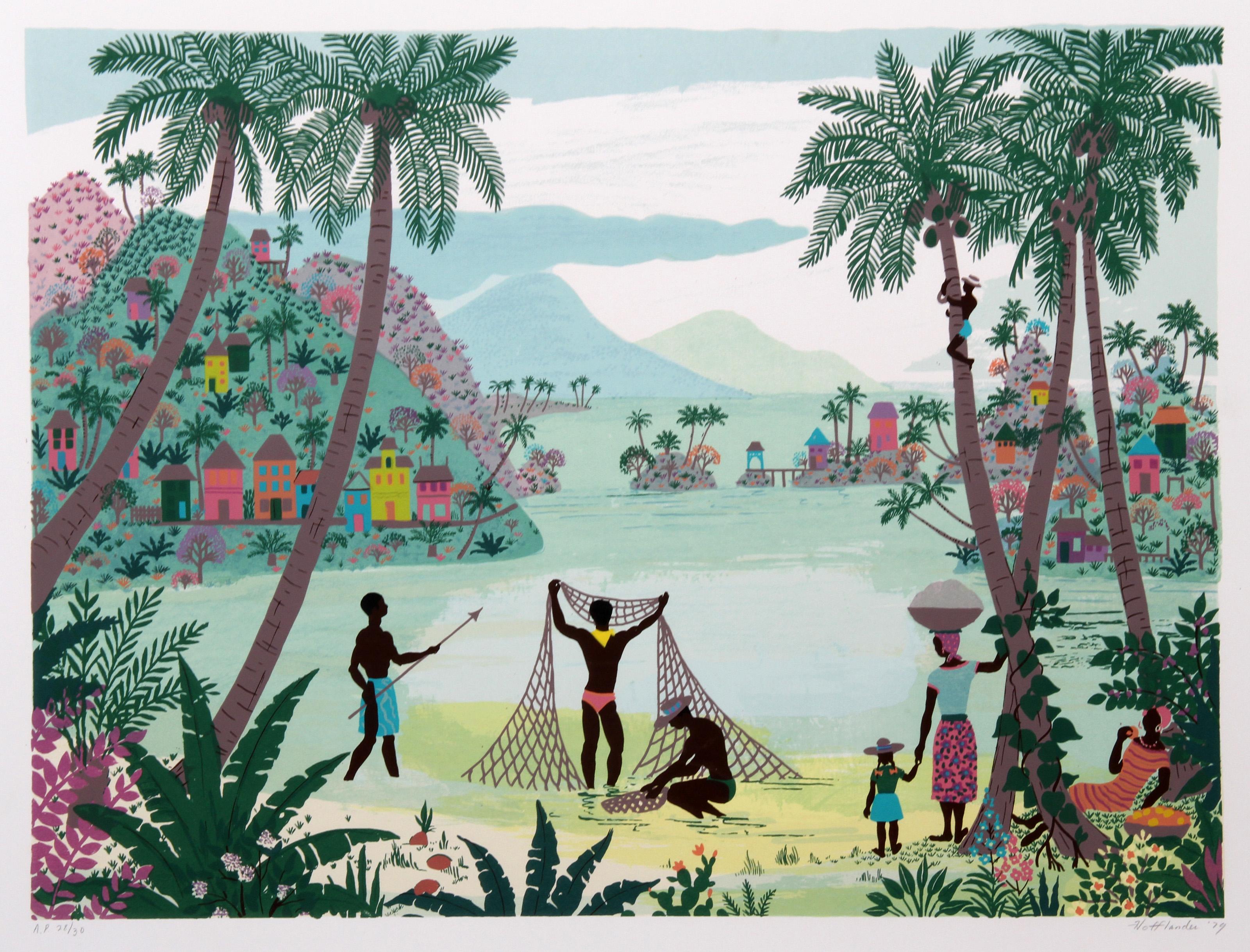 Jack Hofflander, estadounidense (1920 - 2003) - Redes de pesca, Año:  1980, Medio:  Serigrafía, firmada y numerada a lápiz, Edición:  250, 30 AP, Tamaño:  60,96 cm x 91,44 cm, Descripción:  Levantando una red por encima de su cabeza, la figura