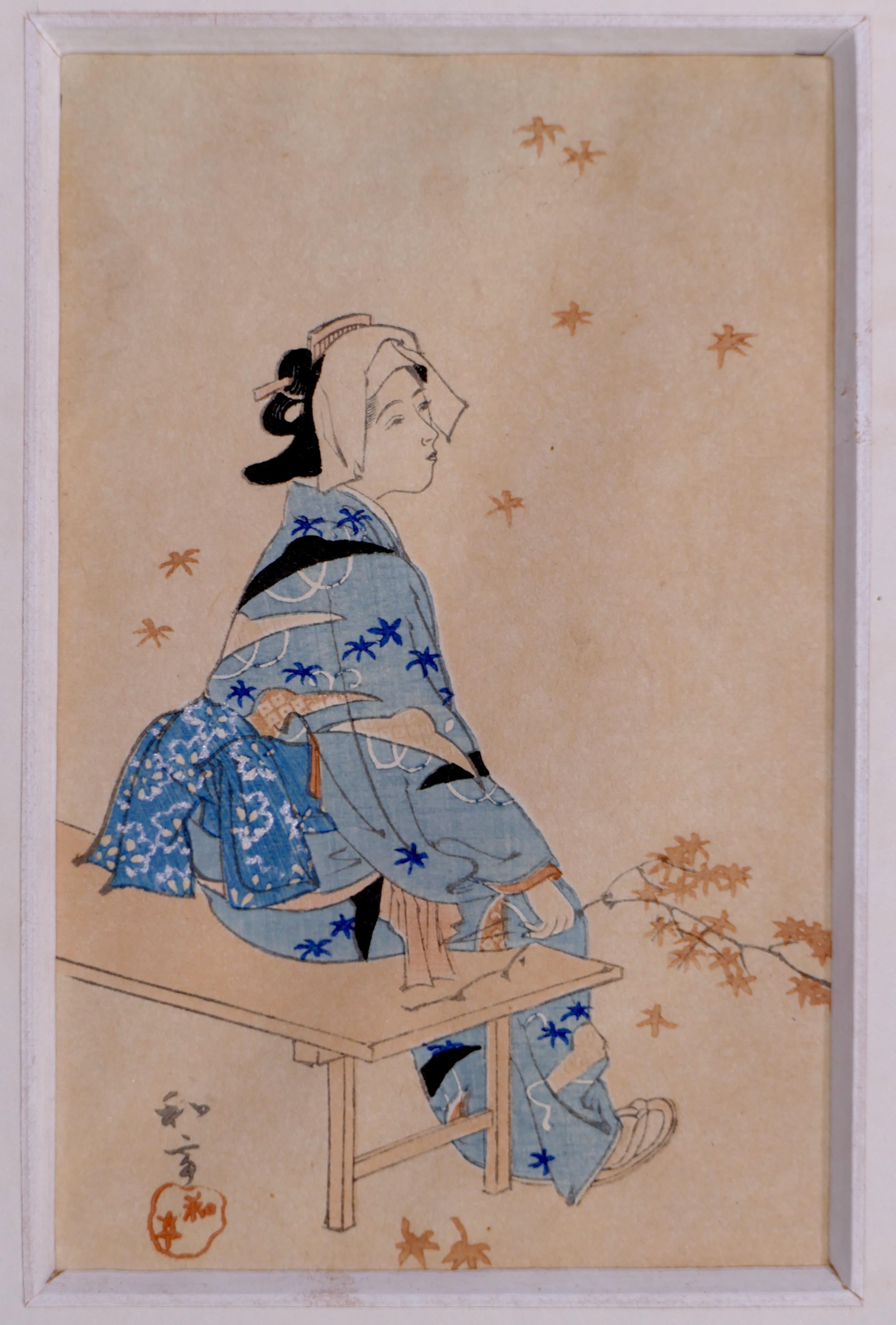 Five Beauties - Set of 5 Original Woodblock Prints - Japan Late 19th Century - Beige Figurative Print by Unknown
