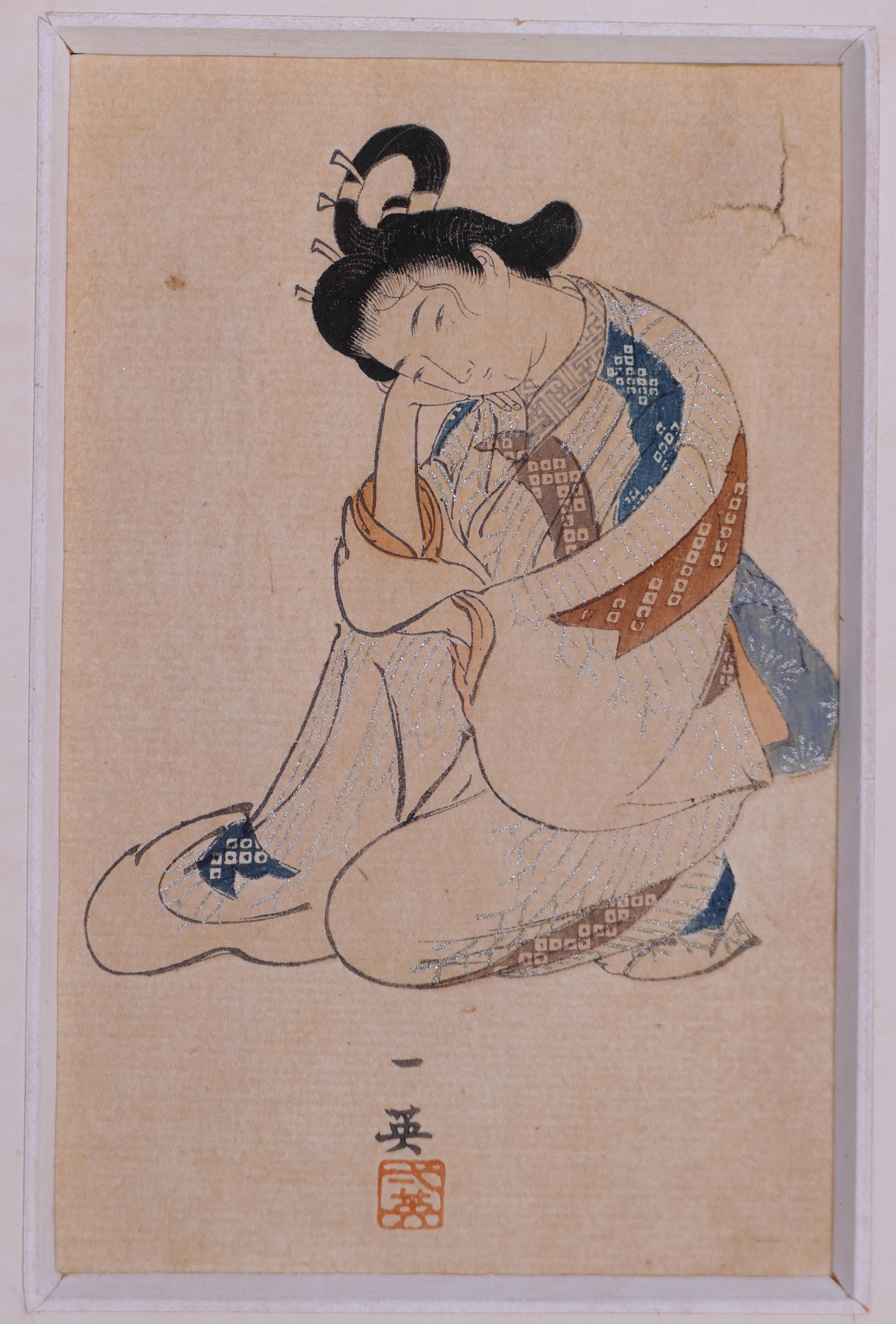 Five Beauties is a Japanese modern artwork realized around the end of the XIX Century.

Original Woodcut with silver painting in the style of Mitsuno Toshikata.

Each work measures 13 x 9 cm.

Includes collective passepartout

Light foxing,