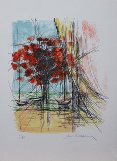Fleur et Barges II-L. Impression E., signée par l'artiste (la signature est illisible)