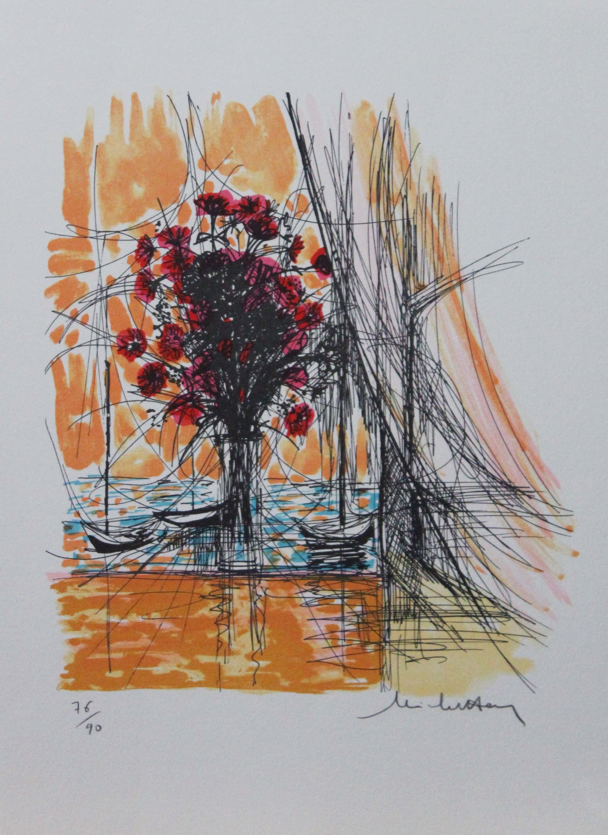 Unknown Still-Life Print - Fleurs et Barges III-L. E. Print, Signed by Artist (Signature is Illegible) 